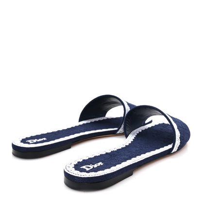 Christian Dior Oblique Embroidered Cotton Lace Dentelle Flat Slide Sandals 39 Navy Blue White 5 of 10