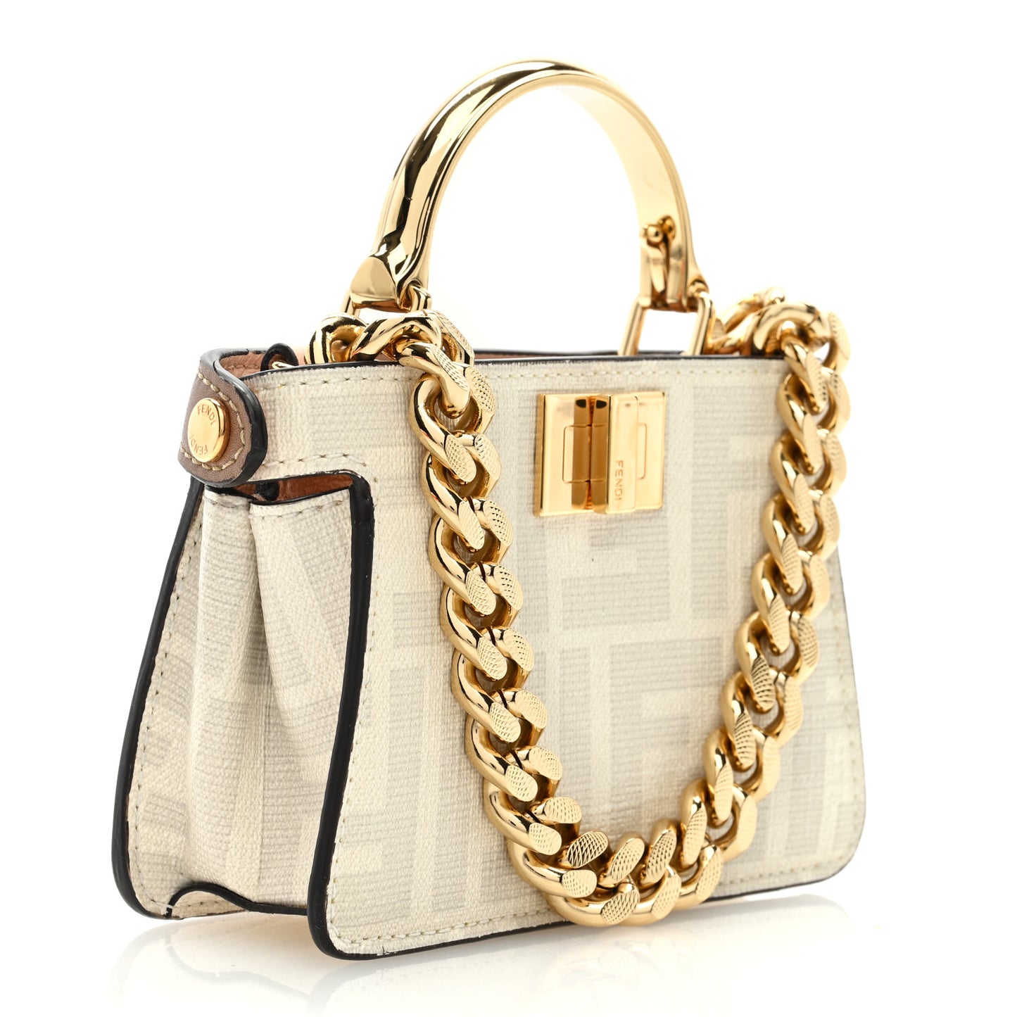 Glazed Fabric FF Bikini Girls Inlay Nano Peekaboo Maxi Handle Satchel Bianco Perla Multicolor