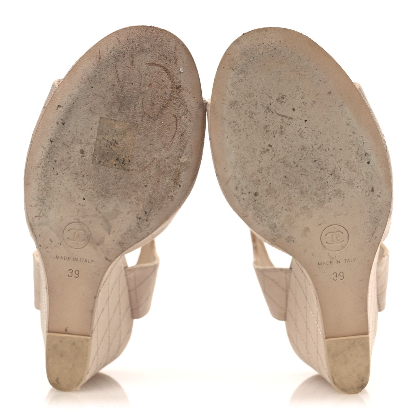 Canvas Quilted Peep Toe Wedge Sandals 39 Beige
