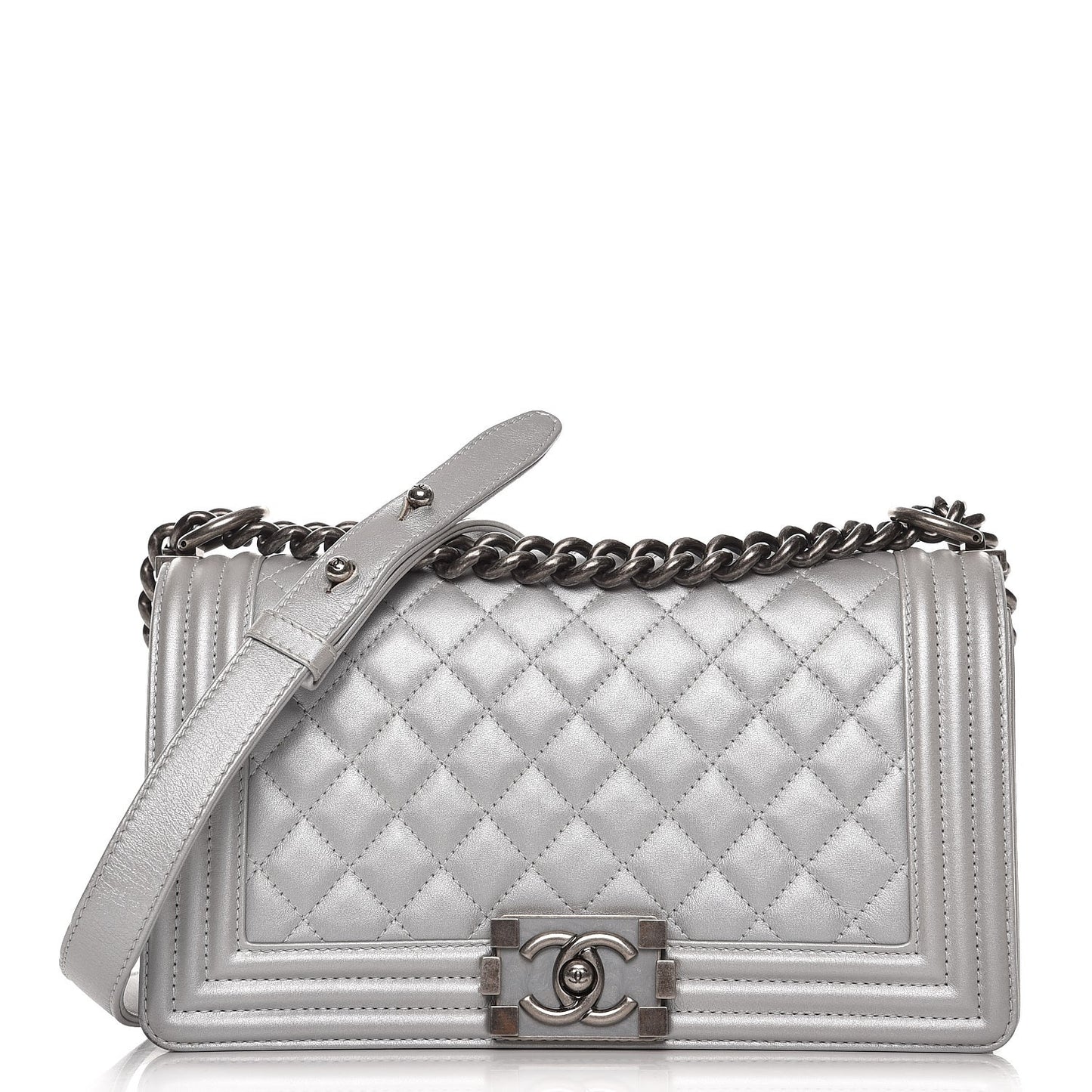 Metallic Calfskin Quilted Medium Boy Flap Silver