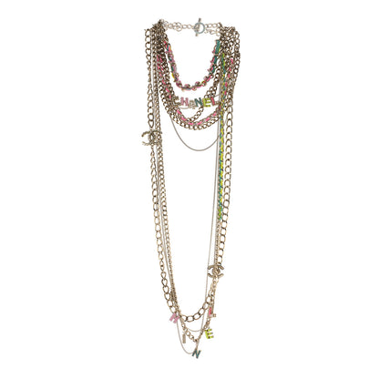 Chanel Resin Pearl Crystal Logo Multi Chain Long Express Necklace Gold Multicolor 3 of 11