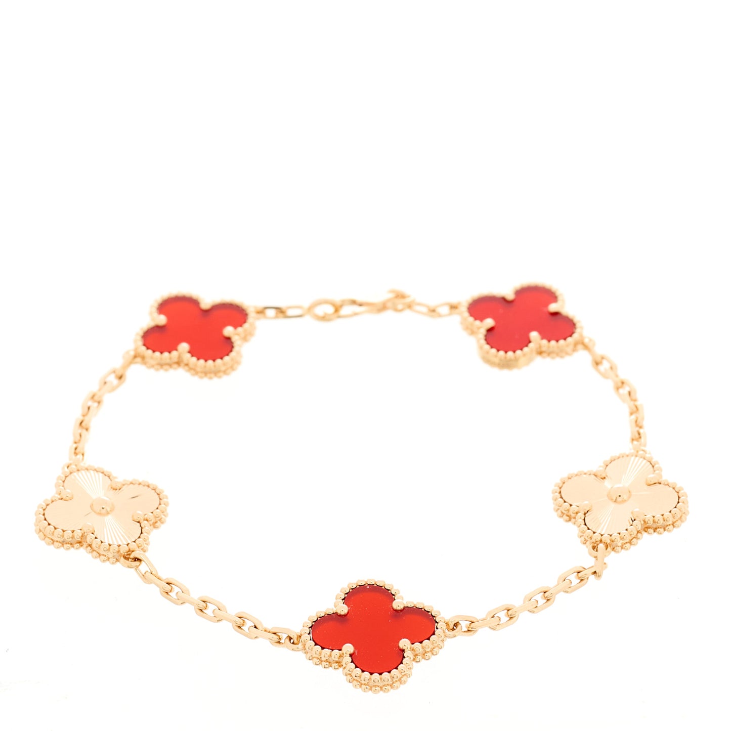 18K Rose Gold Carnelian 5 Motifs Guilloche Vintage Alhambra Bracelet