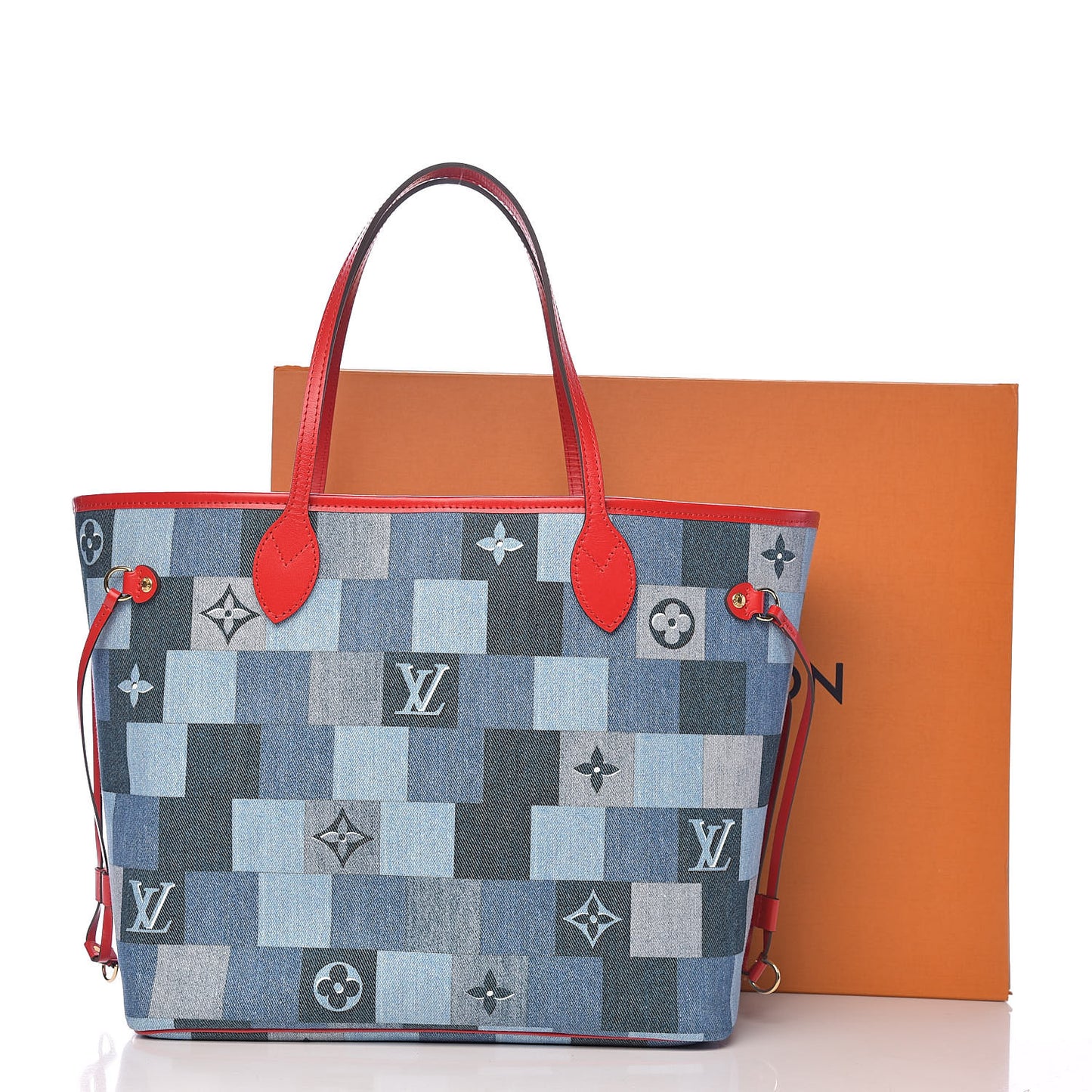 Denim Damier Monogram Patchwork Neverfull Blue Rouge