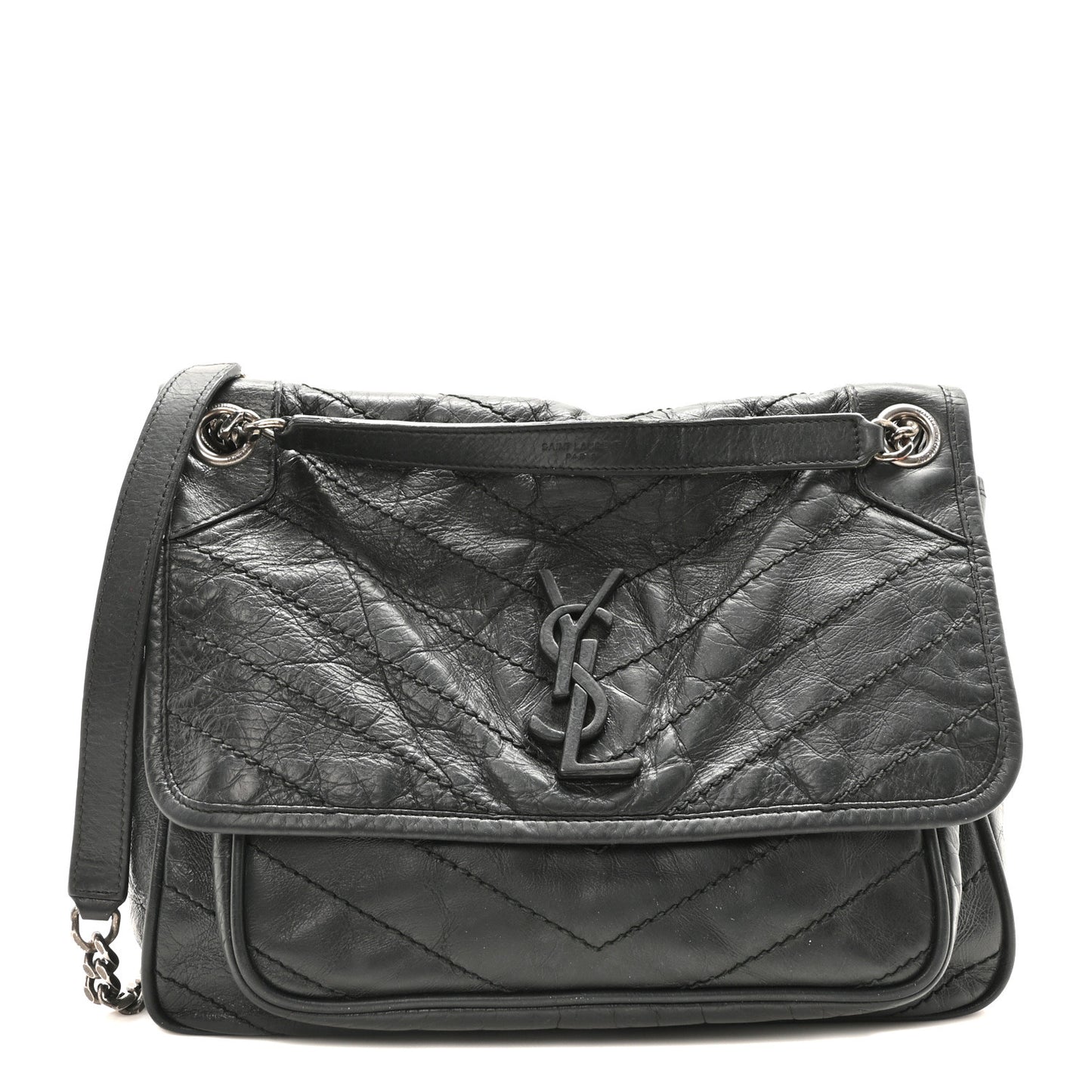 Crinkled Calfskin Matelasse Monogram Medium Niki Chain Satchel Storm