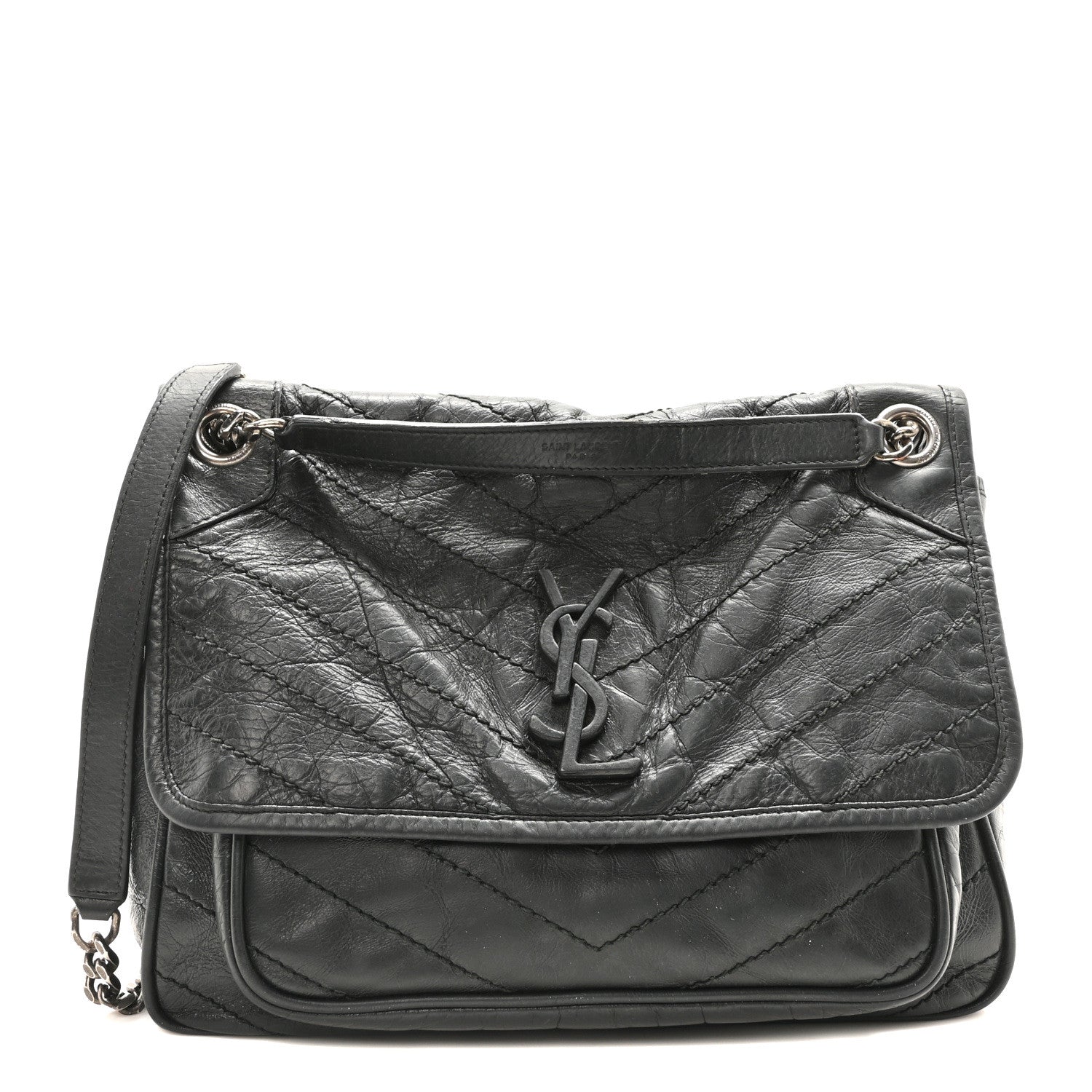 Saint Laurent Crinkled Calfskin Matelasse Monogram Medium Niki Chain Satchel Storm 1 of 10