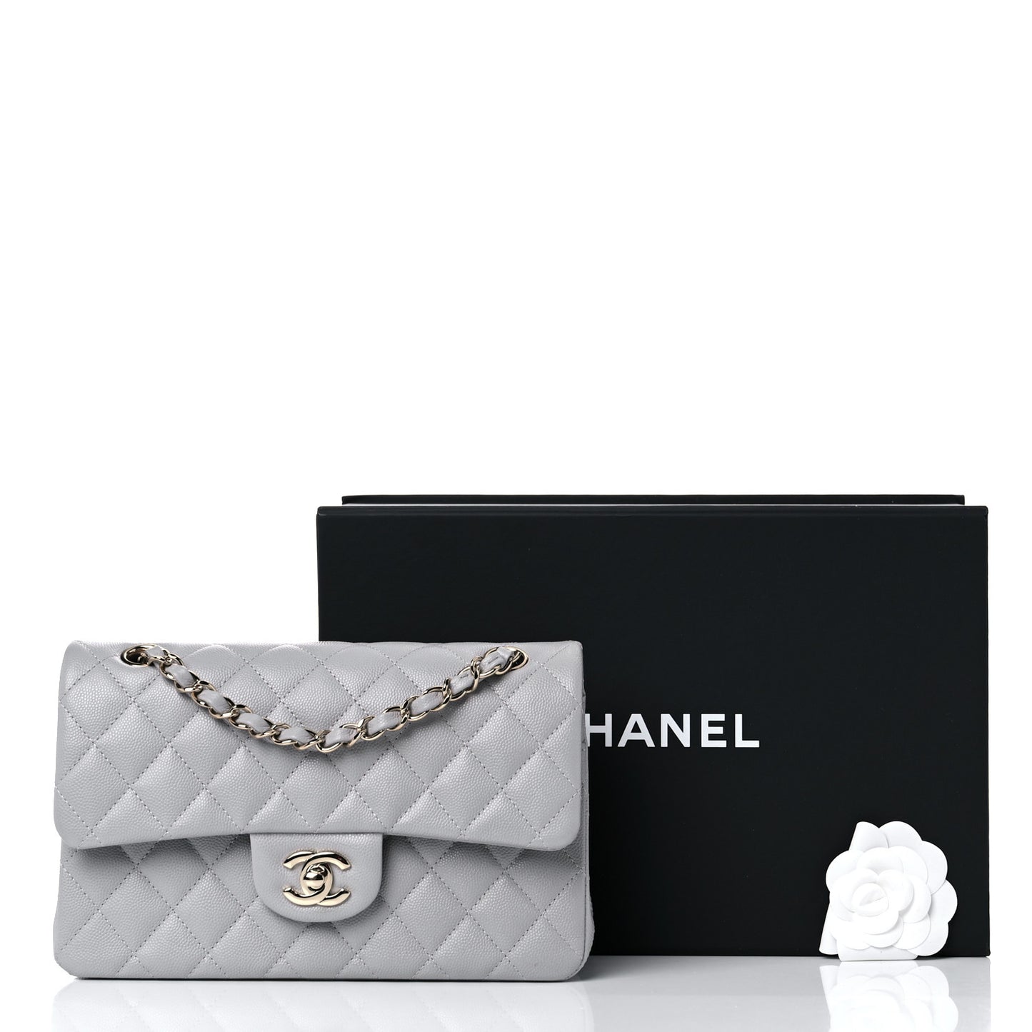 Caviar Quilted Small Double Flap Grey