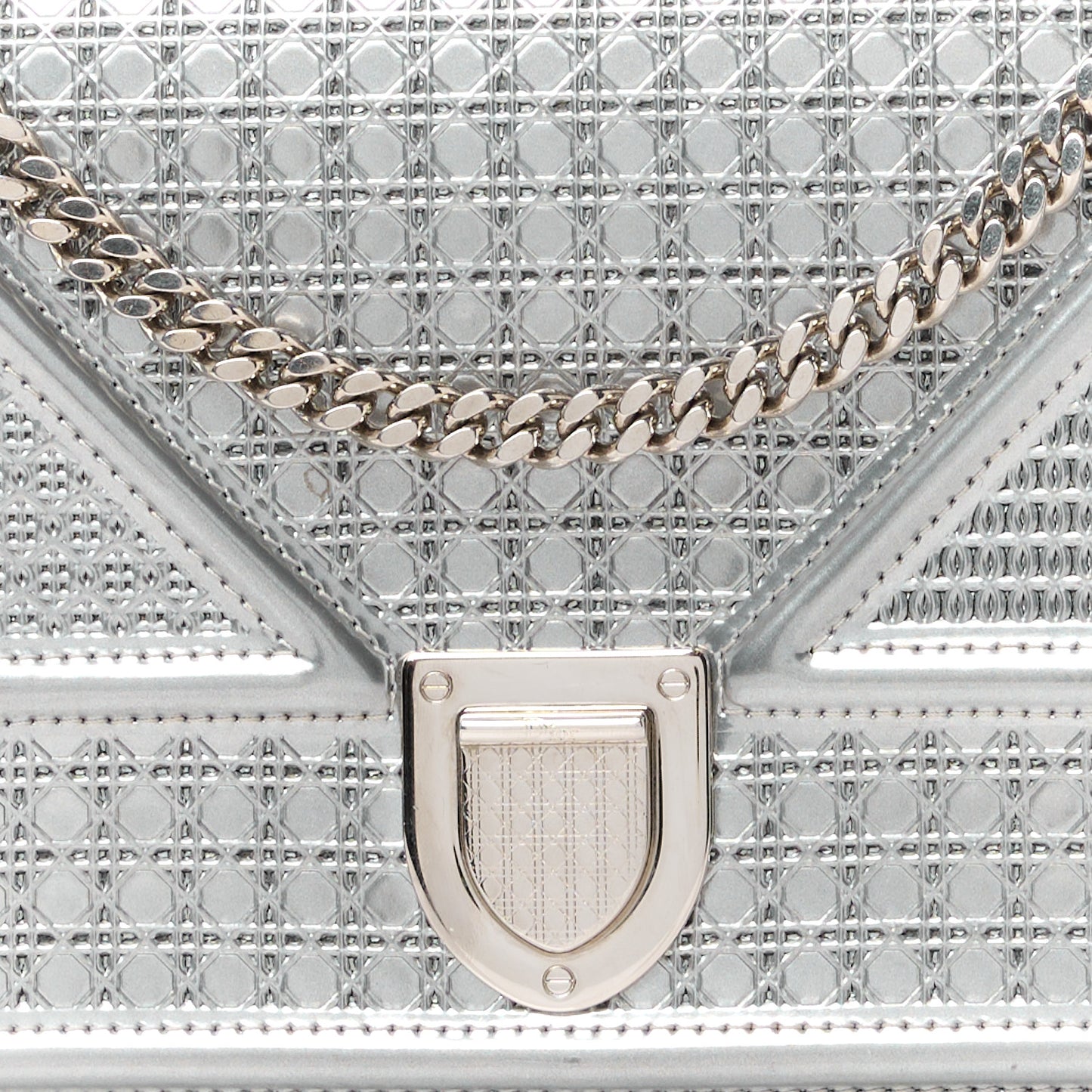 Metallic Patent Micro-Cannage Diorama Wallet on Chain Pouch Silver