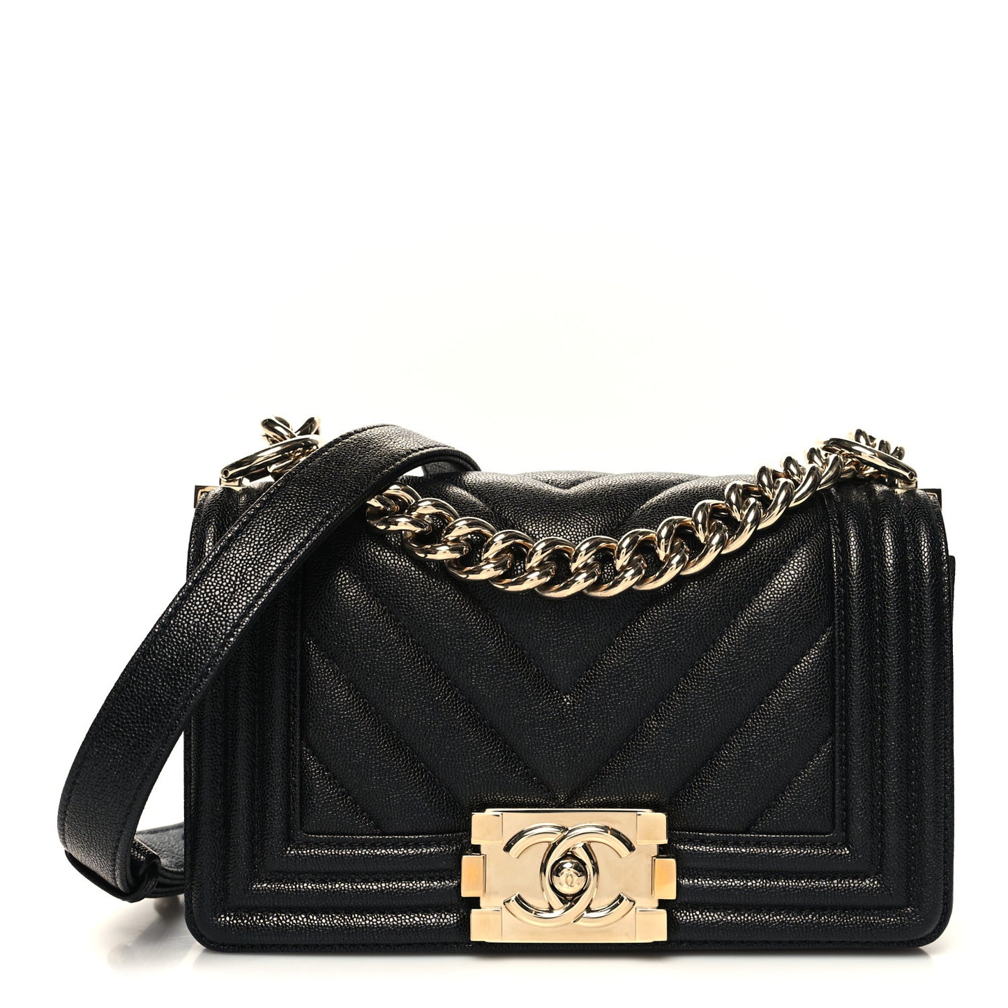 Caviar Chevron Quilted Small Boy Flap Black
