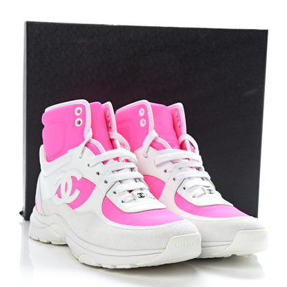 Chanel Suede Calfskin Lambskin Neoprene High Top CC Sneakers 37 White Fluo Pink 9 of 9