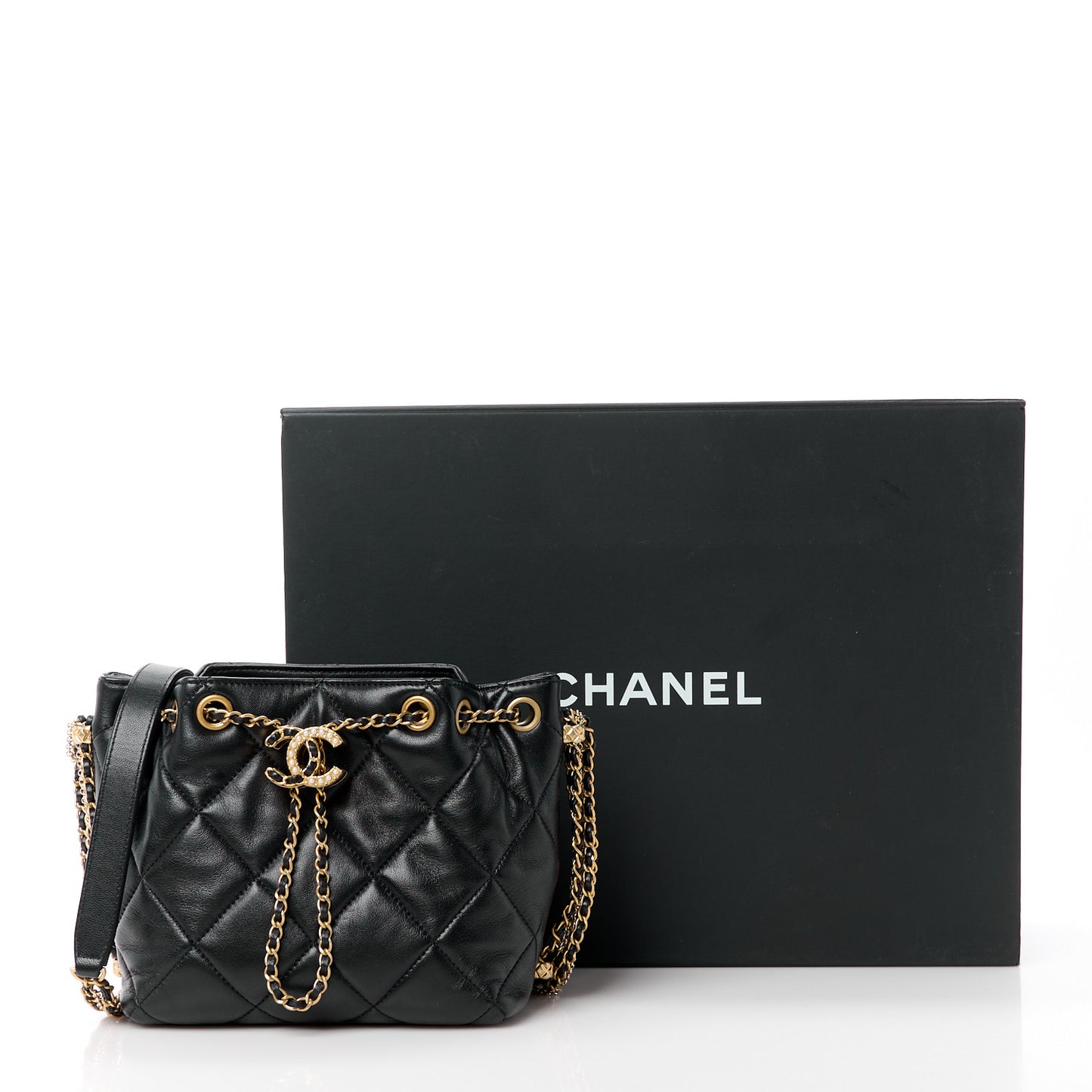 Lambskin Quilted Crush on Chains Drawstring Small Bucket Bag Black
