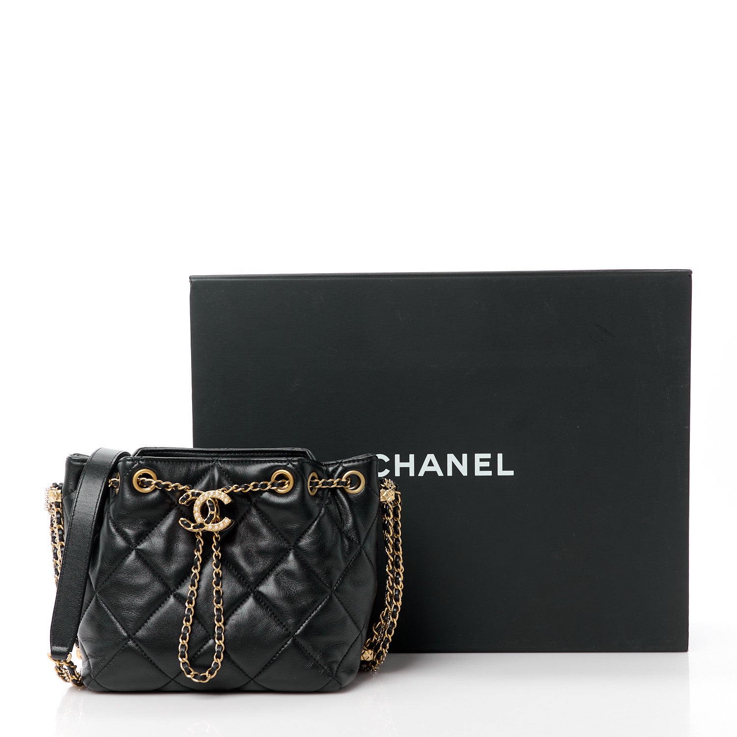 Chanel Lambskin Quilted Crush on Chains Drawstring Small Bucket Bag Black 10 of 10