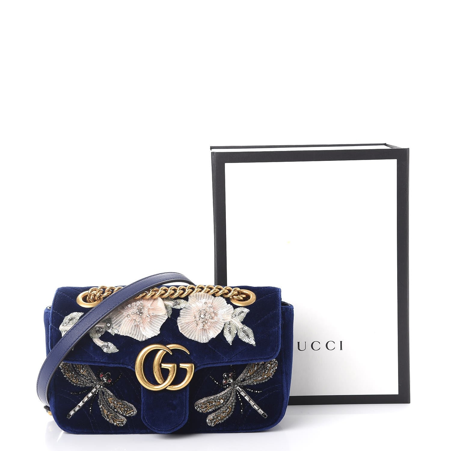 Gucci Velvet Matelasse Embroidered Mini GG Marmont Shoulder Bag Cobalt Blue 11 of 11