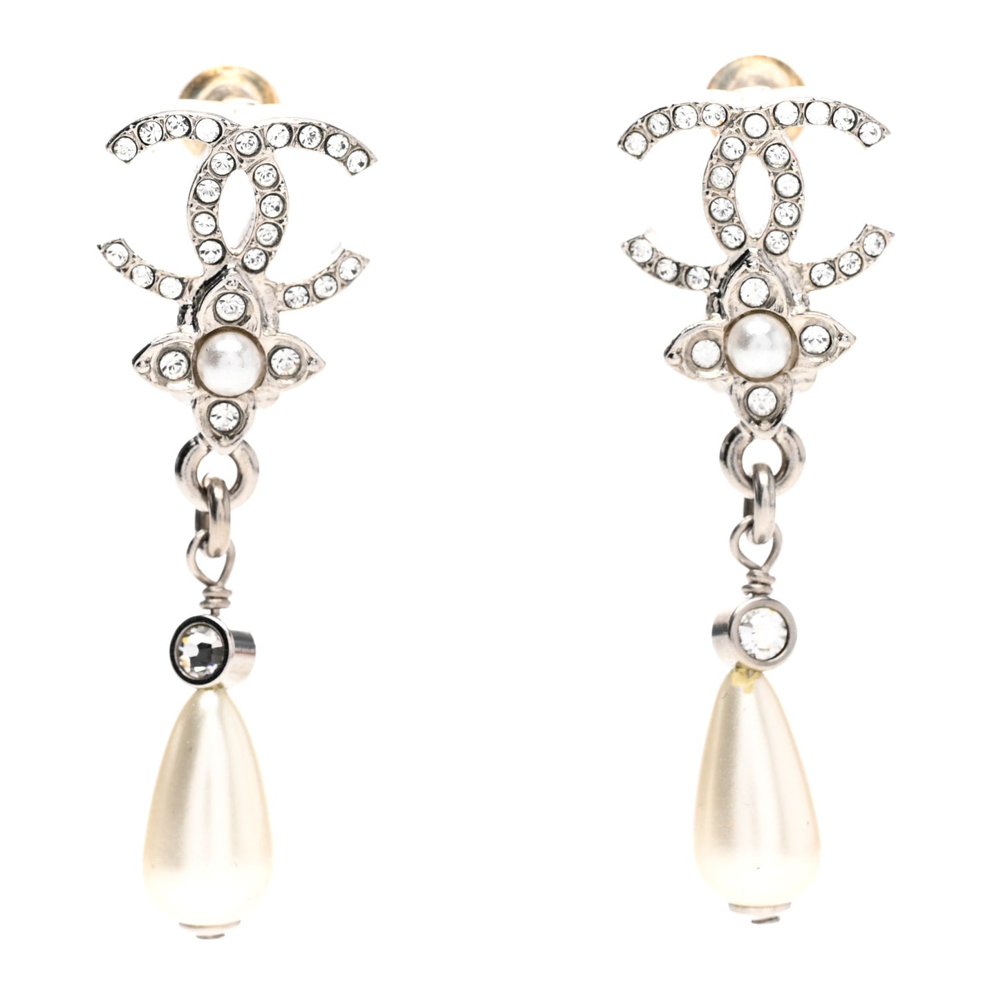 Crystal Pearl Flower CC Drop Earrings Silver