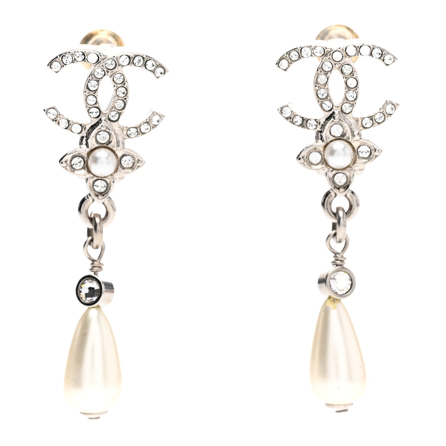 Chanel Crystal Pearl Flower CC Drop Earrings Silver 1 of 4