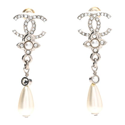 Chanel Crystal Pearl Flower CC Drop Earrings Silver 1 of 4
