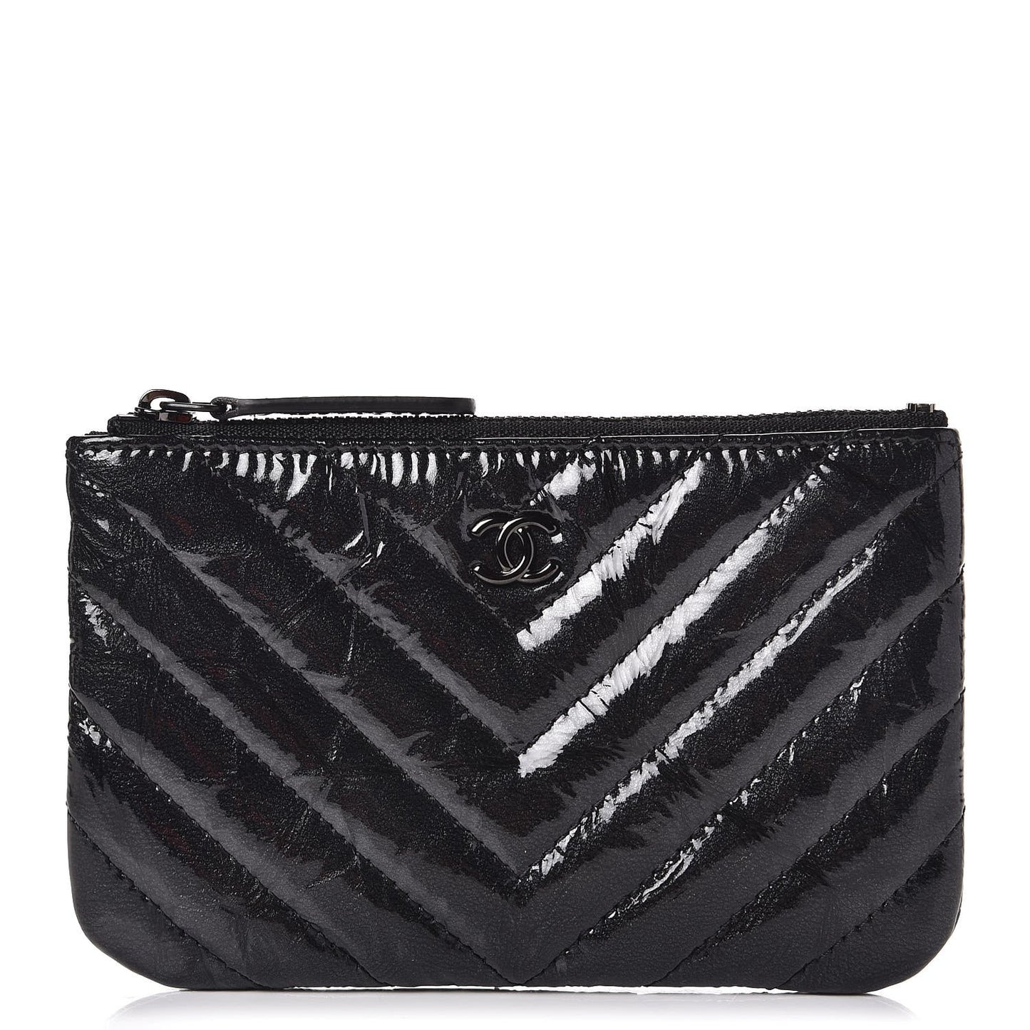 Patent Metallic Crumpled Calfskin Chevron Quilted Cosmetic Case So Black