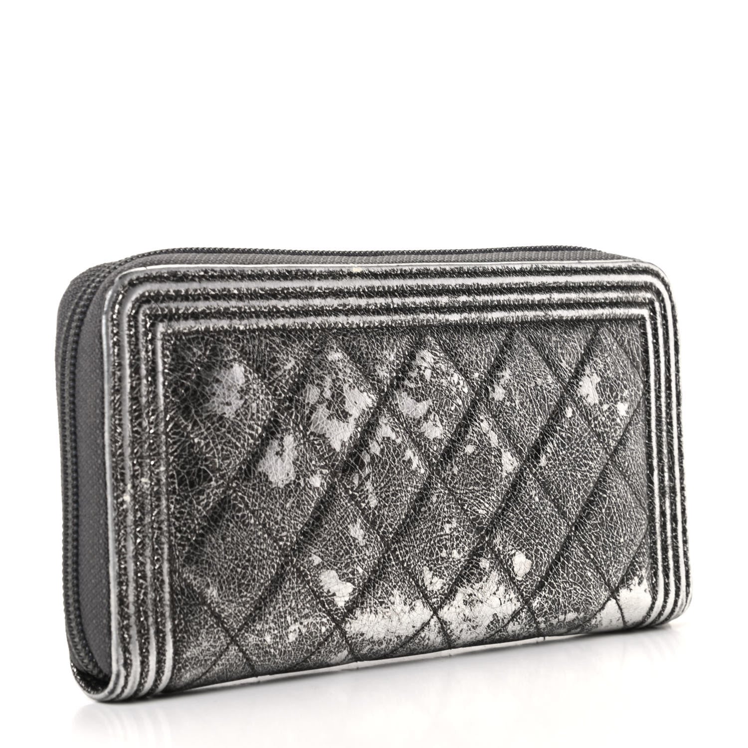 Chanel Cracked Metallic Calfskin Quilted Boy Long Zip Around Wallet Dark Silver 2 of 9