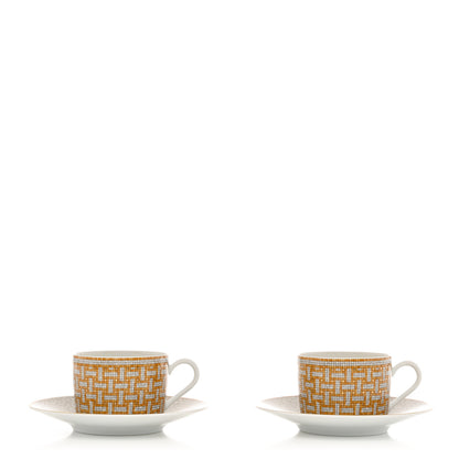 Hermes Porcelain Mosaique Au 24 Gold Tea Cup And Saucer Set Of 2 1 of 11