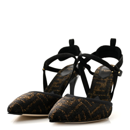 Fendi Fabric Jacquard FF Colibri Lite 85mm Slingback Pumps 36 Tobacco Black 4 of 8