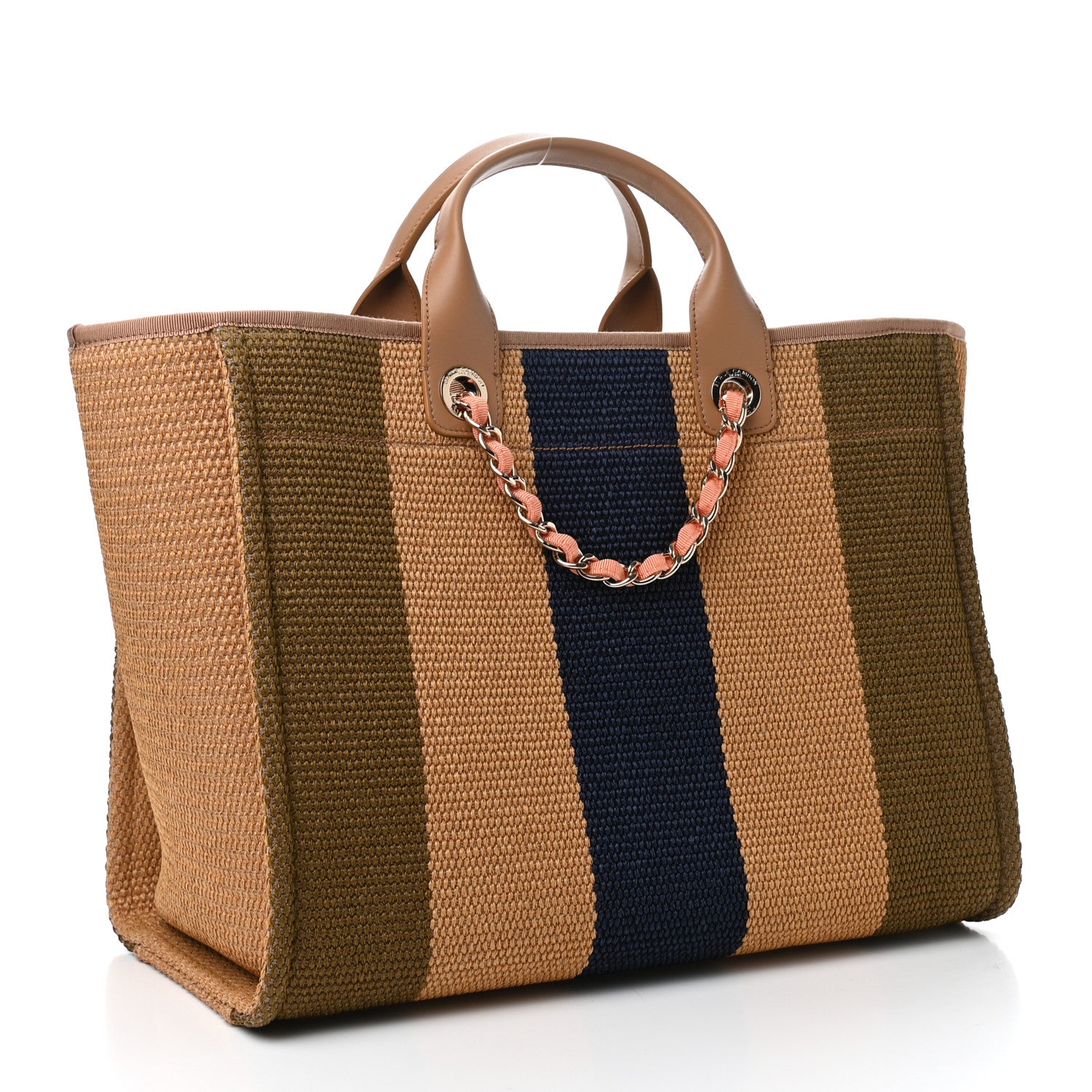 Chanel Straw Raffia Calfskin Striped Medium Deauville Tote Khaki Beige Navy Blue 2 of 4