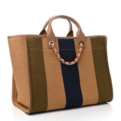 Chanel Straw Raffia Calfskin Striped Medium Deauville Tote Khaki Beige Navy Blue 2 of 4