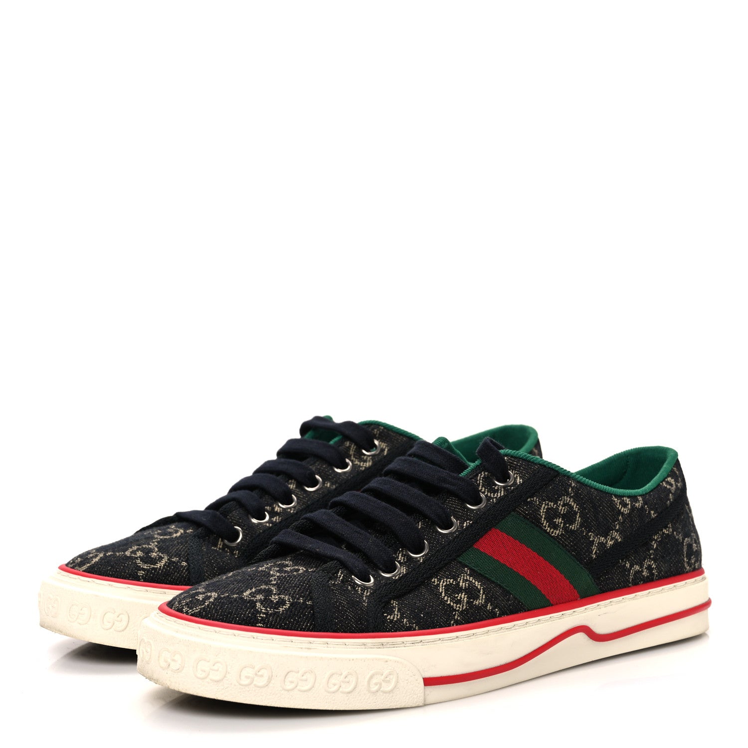 Gucci New Denim GG Monogram Web Womens 1977 Tennis Sneakers 38 Black Ivory 4 of 10