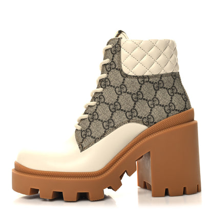 Gucci Calfskin GG Supreme Monogram Nappa Quilted Lace Up Ankle Boots 36 Mystic White Beige 1 of 9