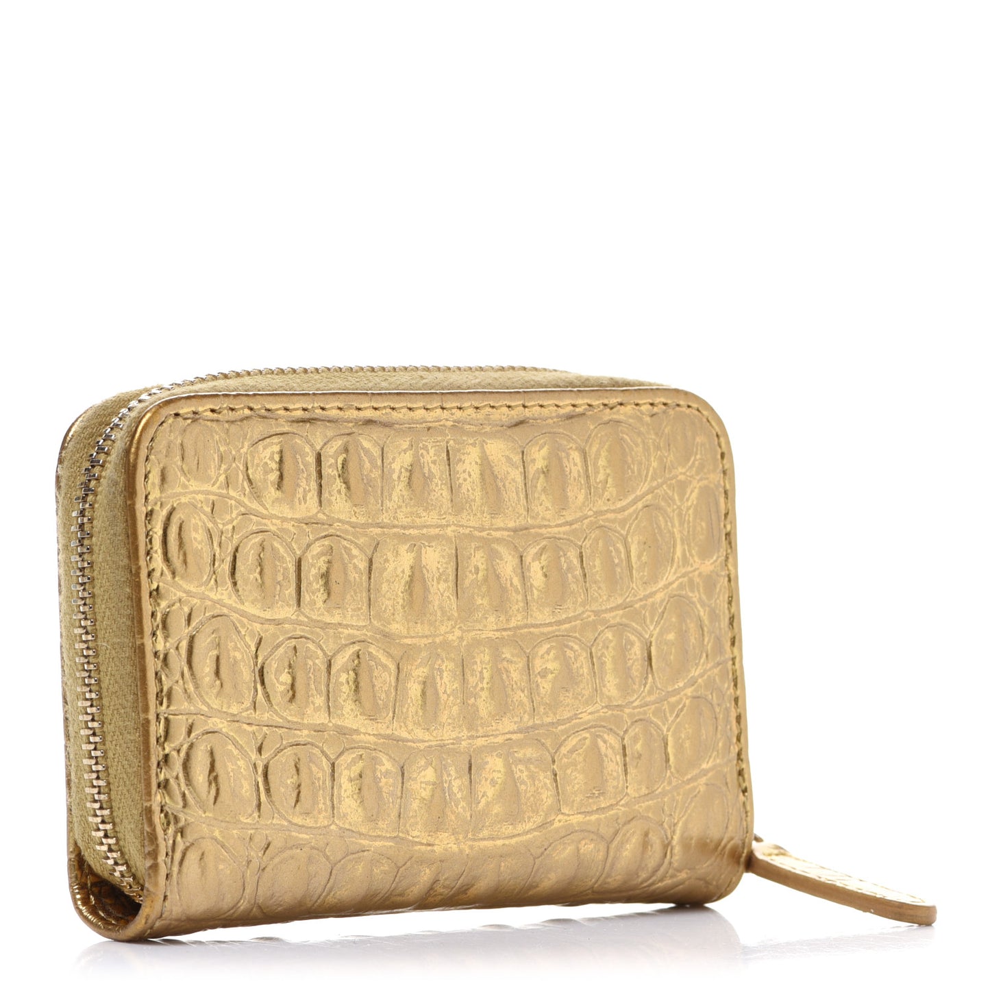 Metallic Calfskin Crocodile Embossed Cocodile Zip Coin Case Gold