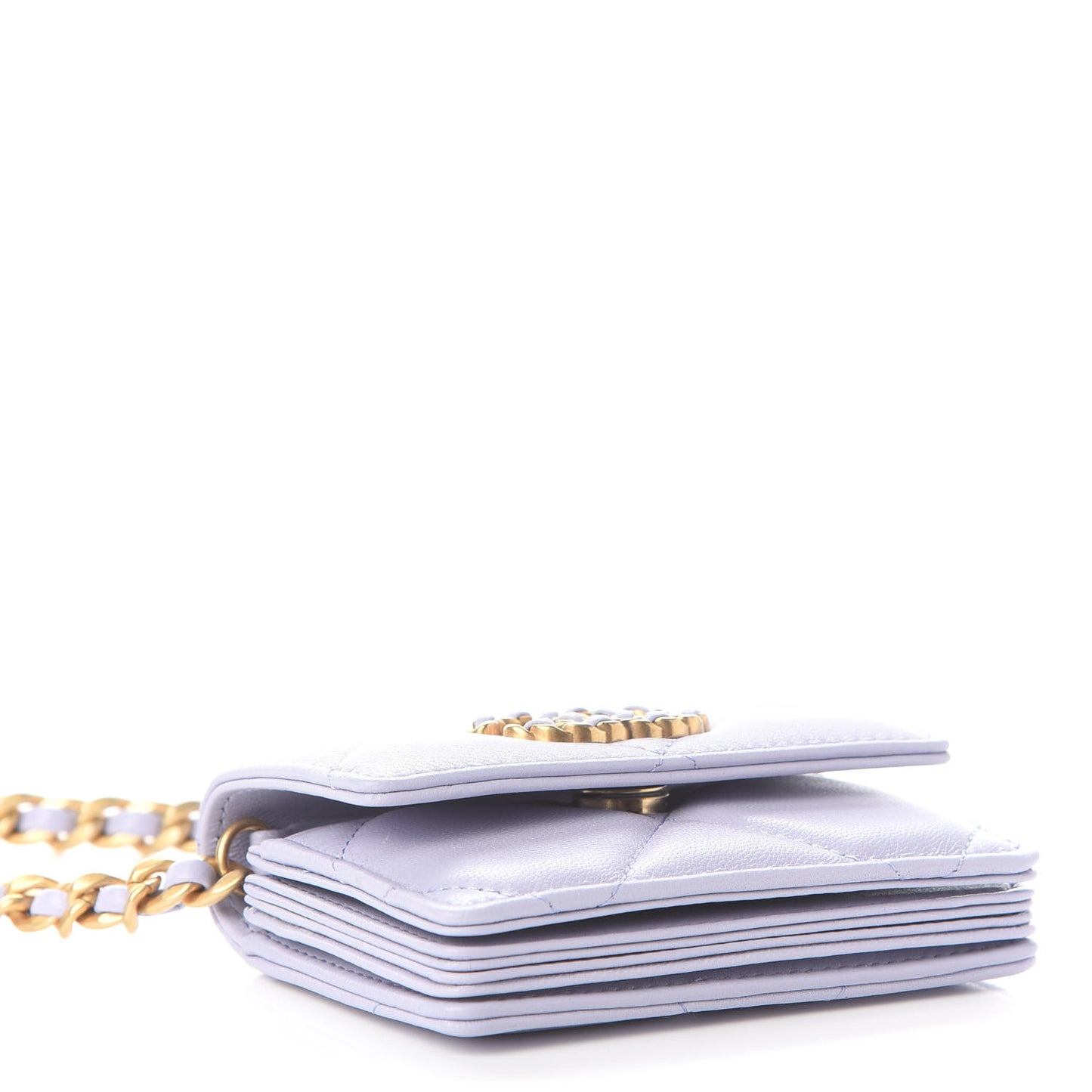 Lambskin Quilted Chanel 19 Flap Card Holder With Chain Light Purple