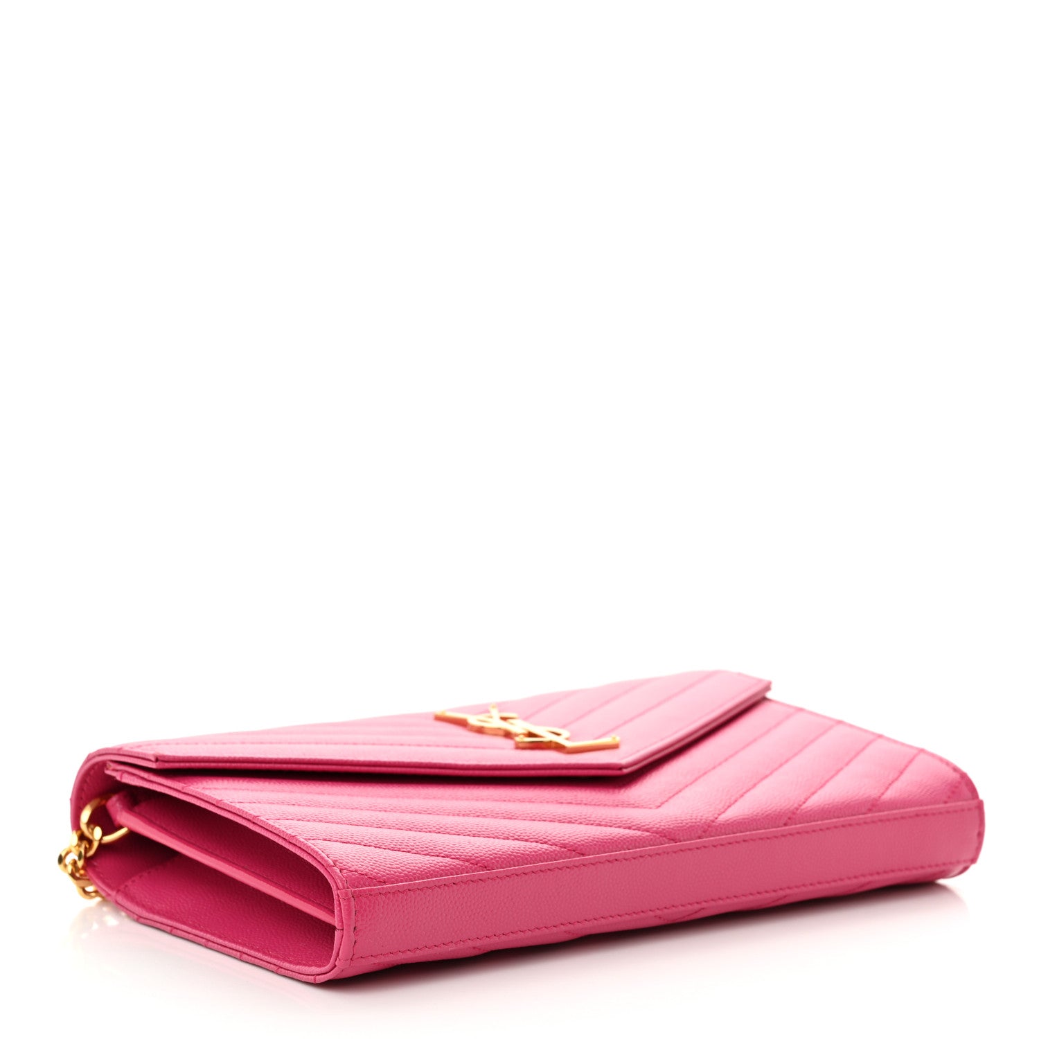 Saint Laurent Grain De Poudre Matelasse Chevron Monogram Envelope Chain Wallet  Fuxia Couture 4 of 10