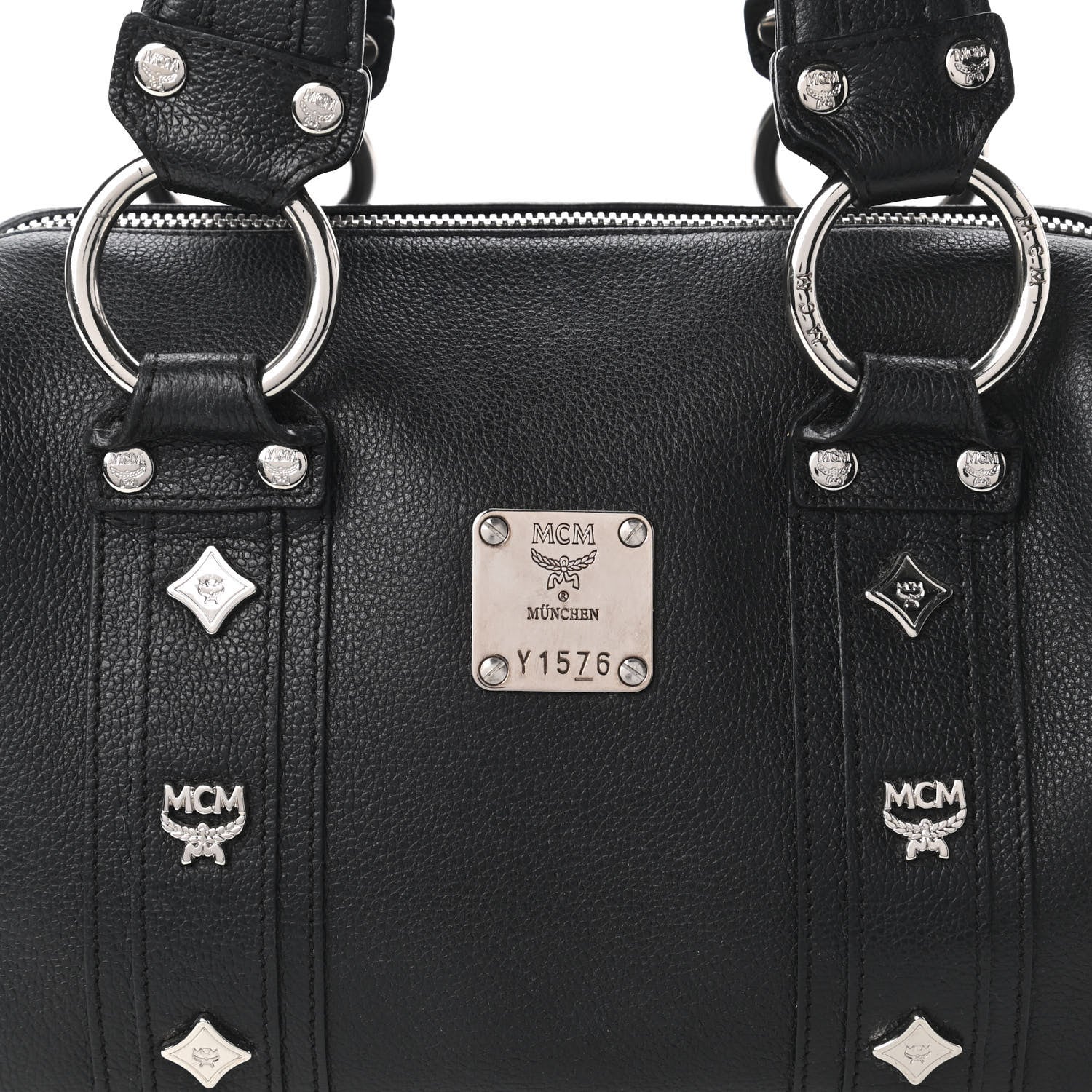 MCM Grained Calfskin Studded Boston Bag Black 9 of 9