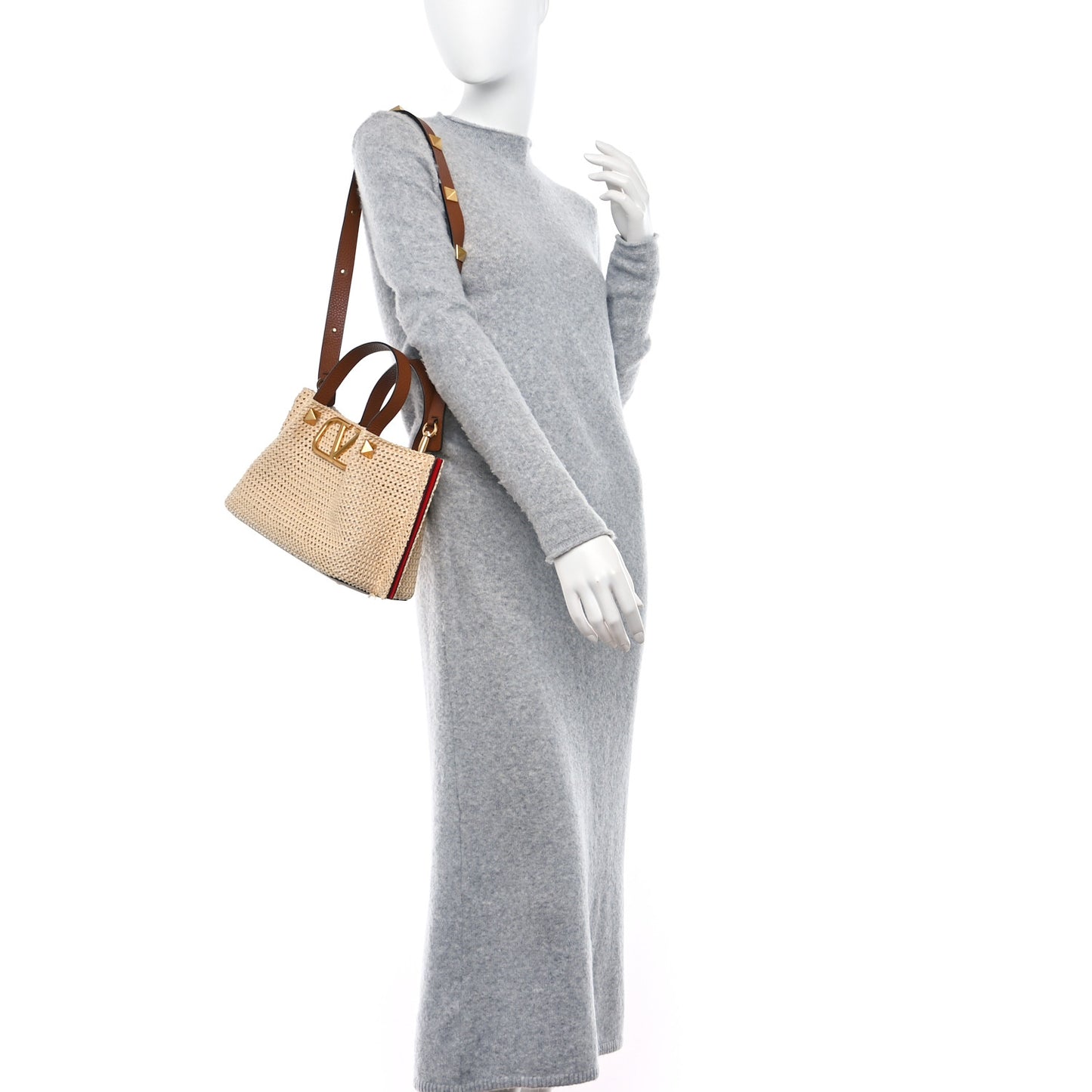 Raffia Grained Calfskin Small Rockstud Vlogo Tote Naturale