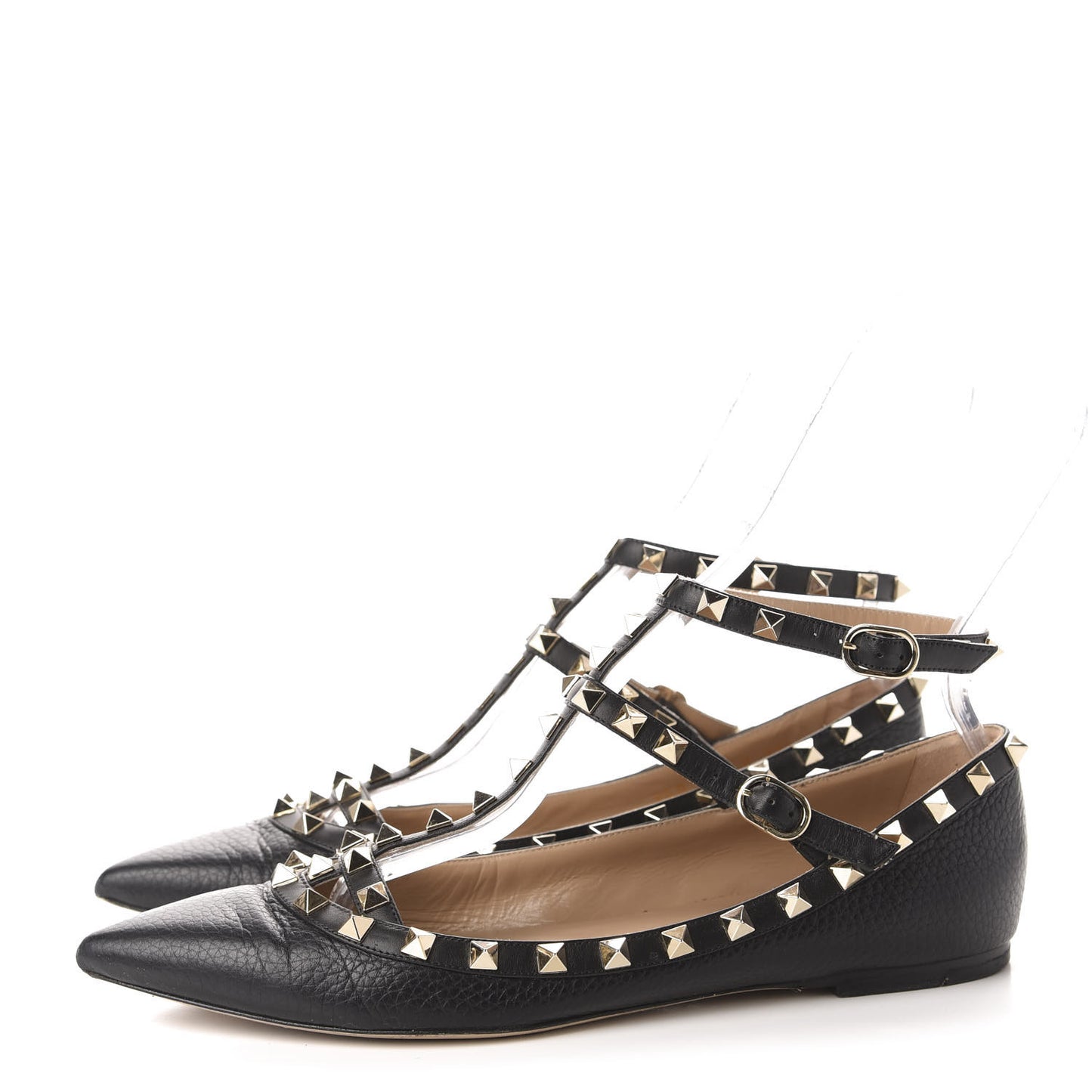 Pebbled Calfskin Rockstud Cage Ballerina Flats 39.5 Black