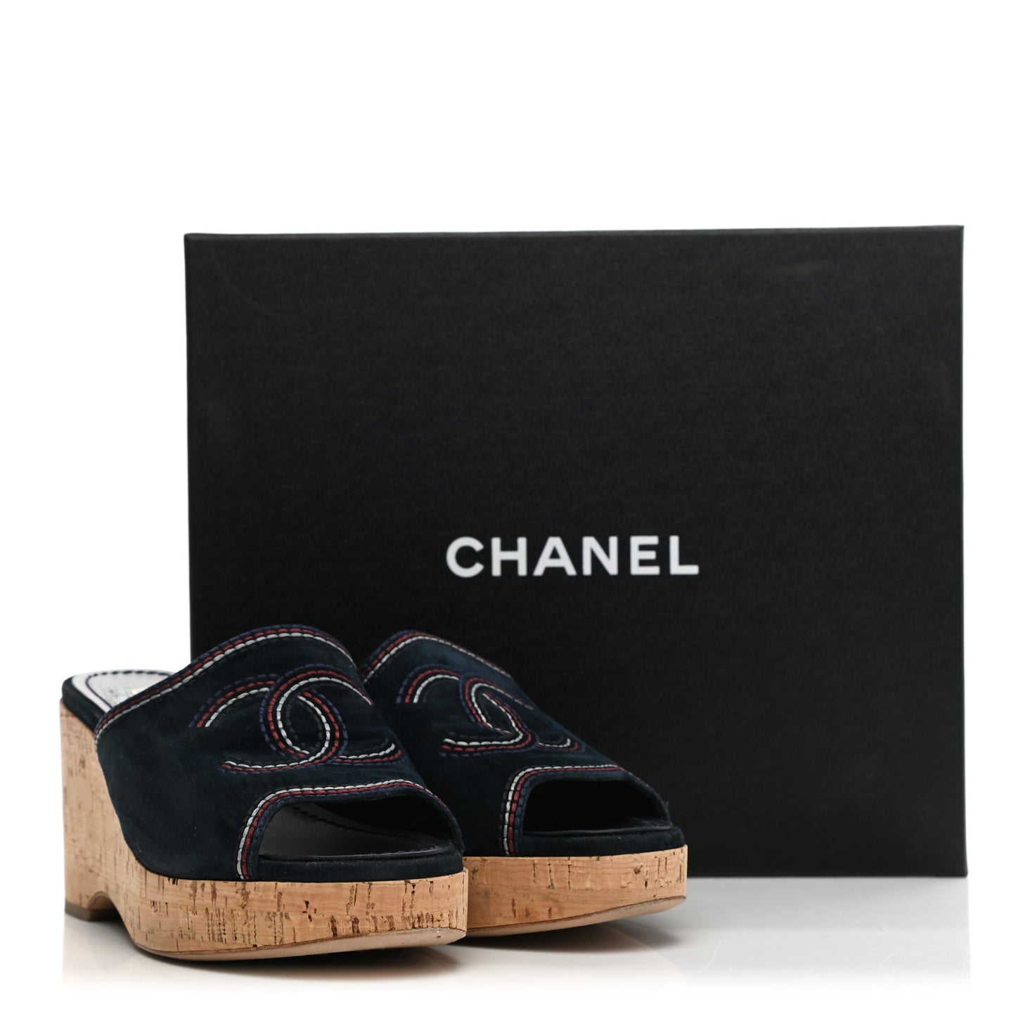 Suede Calfskin Cork CC Wedge Sandal 38.5 Navy Blue