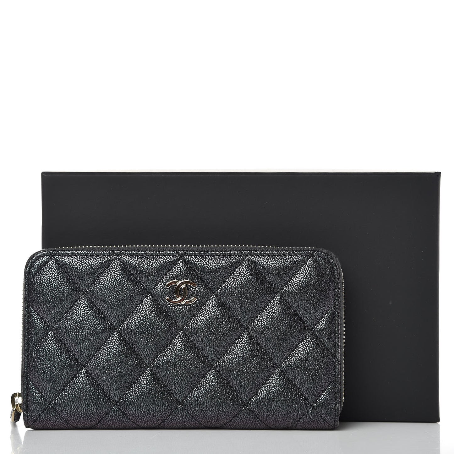 Iridescent Caviar Quilted Medium Zip Around Wallet Black