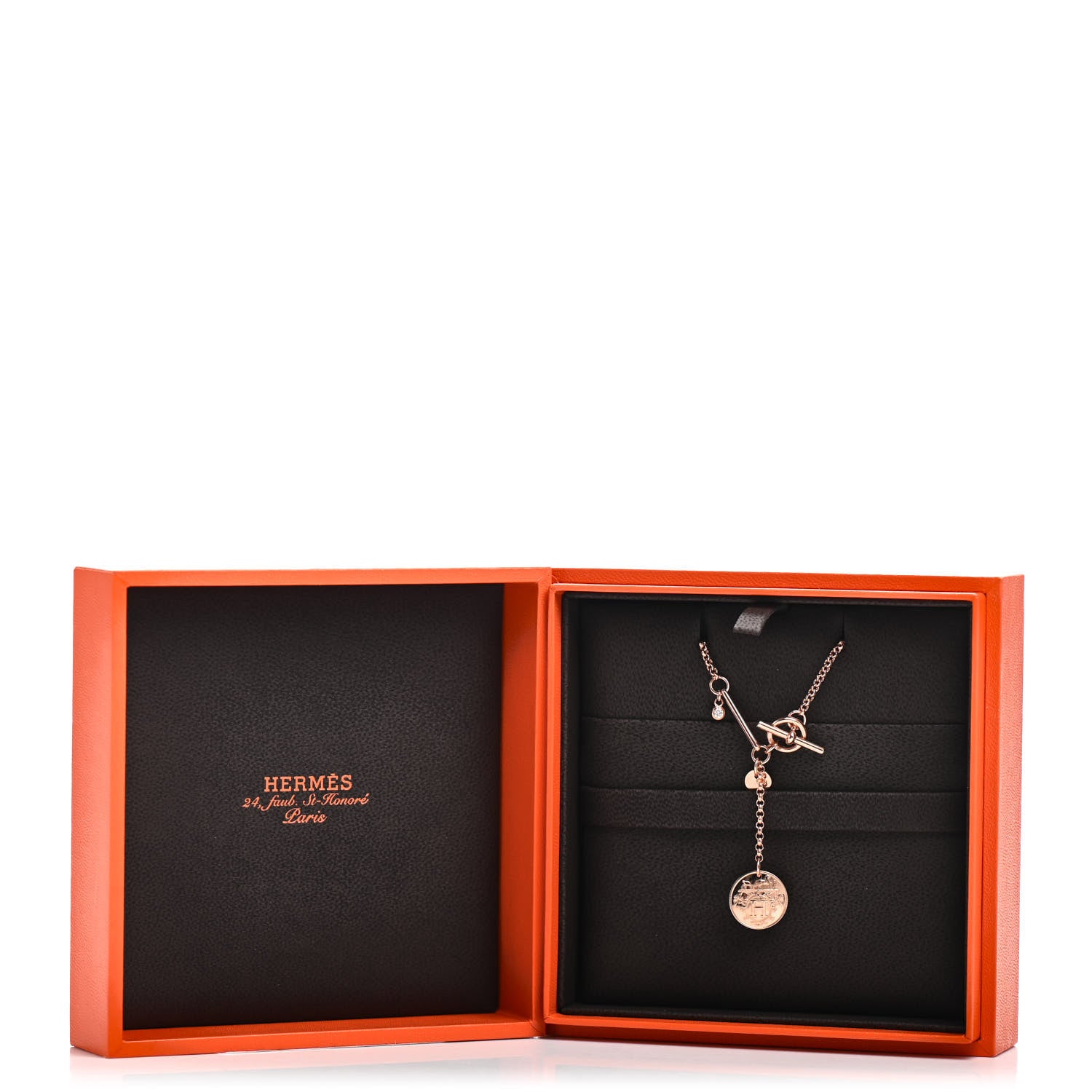 Hermes 18K Rose Gold Diamond PM Ex-Libris Pendant Necklace 5 of 5