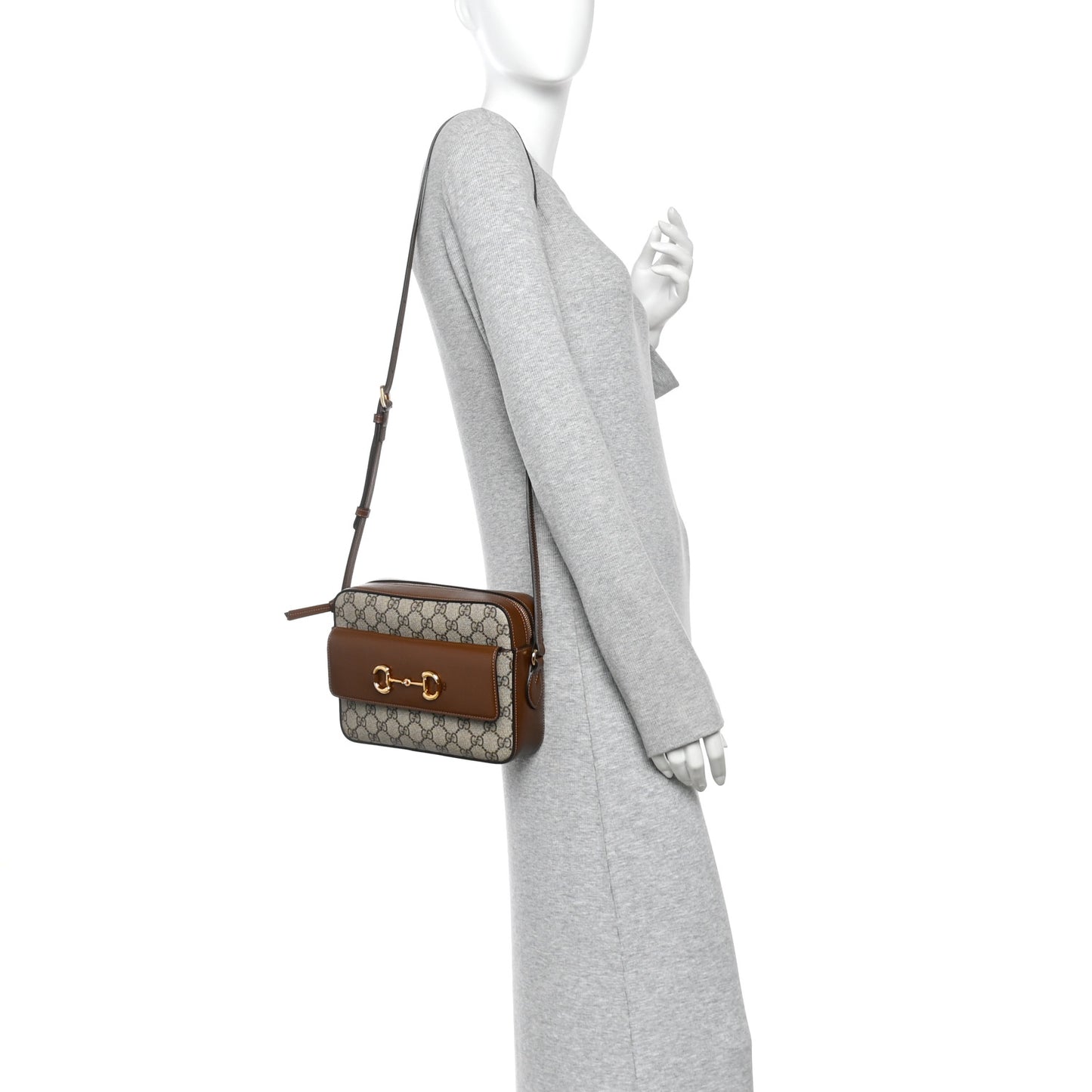 GG Supreme Monogram Small Horsebit 1955 Shoulder Bag Beige Brown Sugar