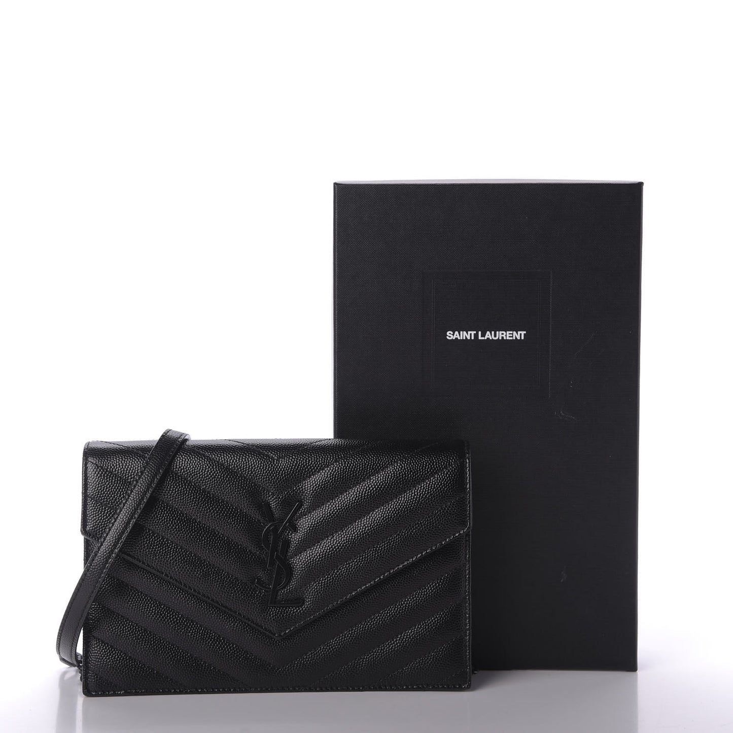Grain De Poudre Matelasse Chevron Monogram Envelope Chain Wallet Black