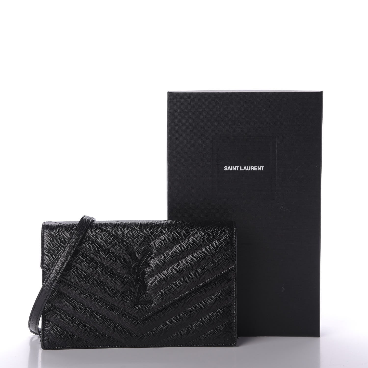 Saint Laurent Grain De Poudre Matelasse Chevron Monogram Envelope Chain Wallet Black 10 of 10