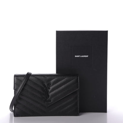 Saint Laurent Grain De Poudre Matelasse Chevron Monogram Envelope Chain Wallet Black 10 of 10