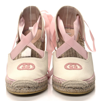 Gucci Canvas Grossgrain Embroidered Judit Ankle Wrap Platform 35/120mm Espadrille Wedges 36.5 White Shell 2 of 8