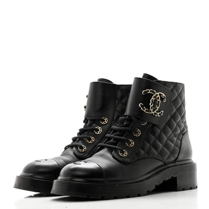 Chanel Shiny Lambskin Quilted Lace Up Combat Boots 39 Black 4 of 20