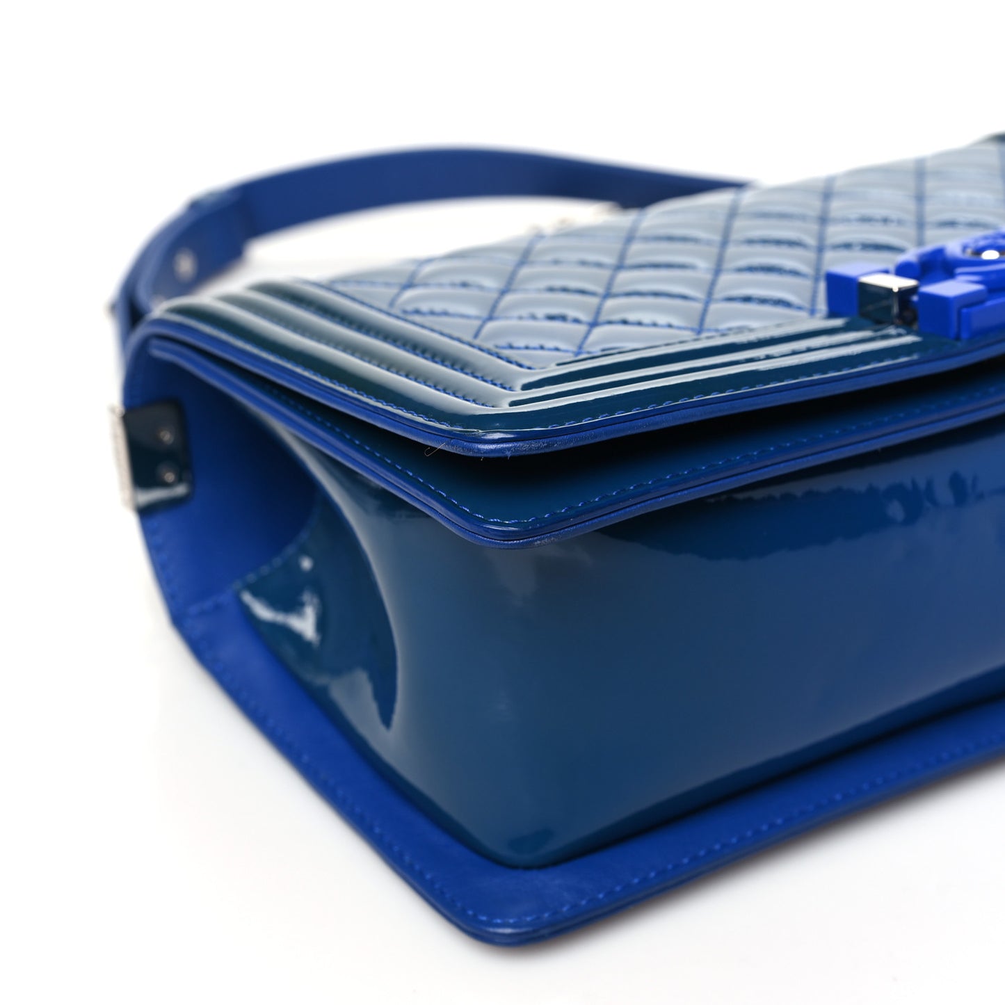 Patent Calfskin Quilted Medium Plexiglass Boy Flap Blue
