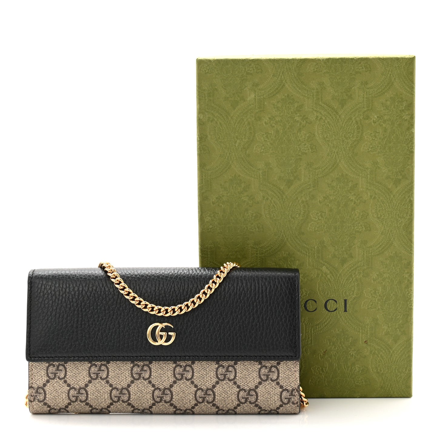Dollar Calfskin GG Supreme Monogram Petite GG Marmont Wallet Chain Bag Black Beige Ebony