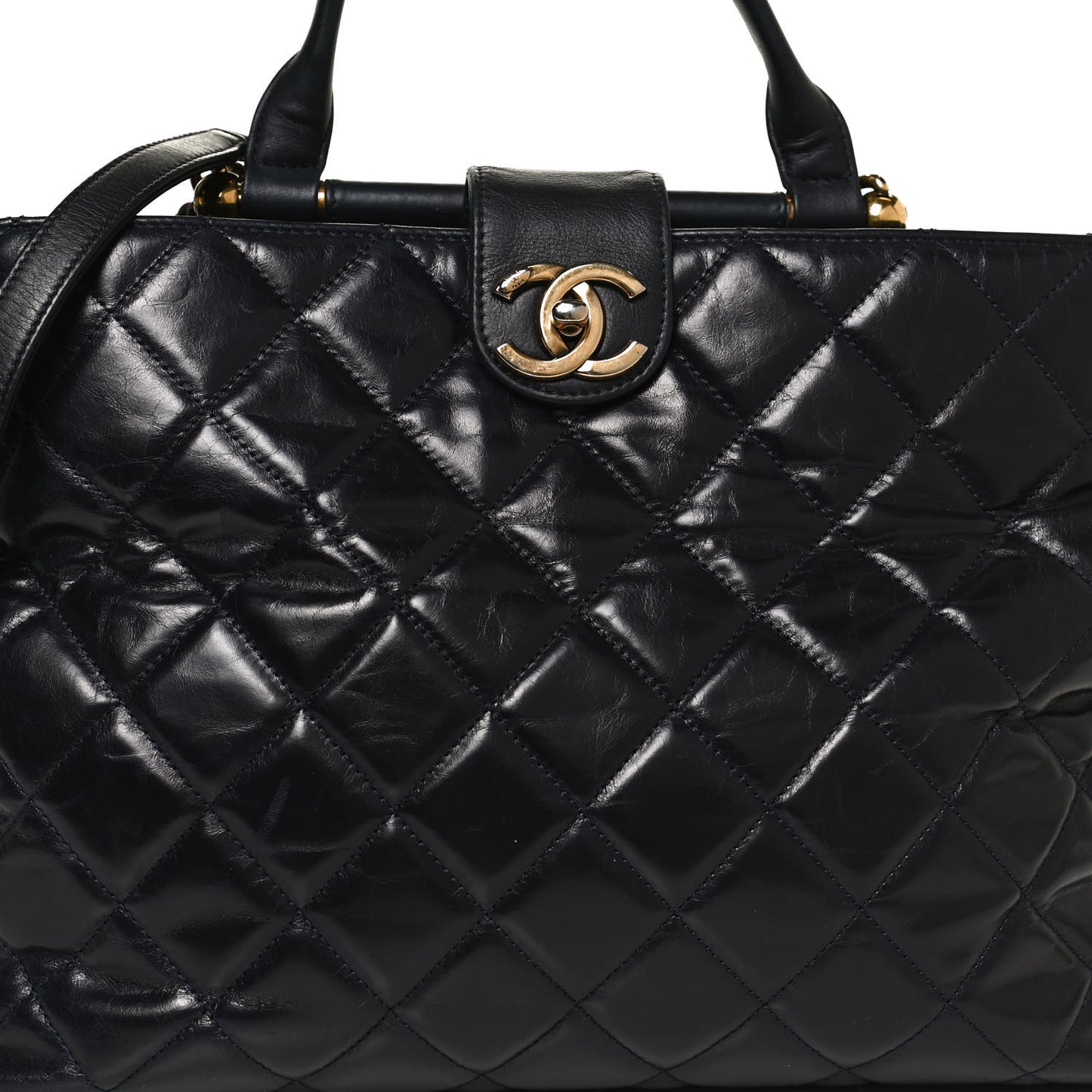 Calfskin Quilted Large Gold Bar Top Handle Tote Dark Navy Blue