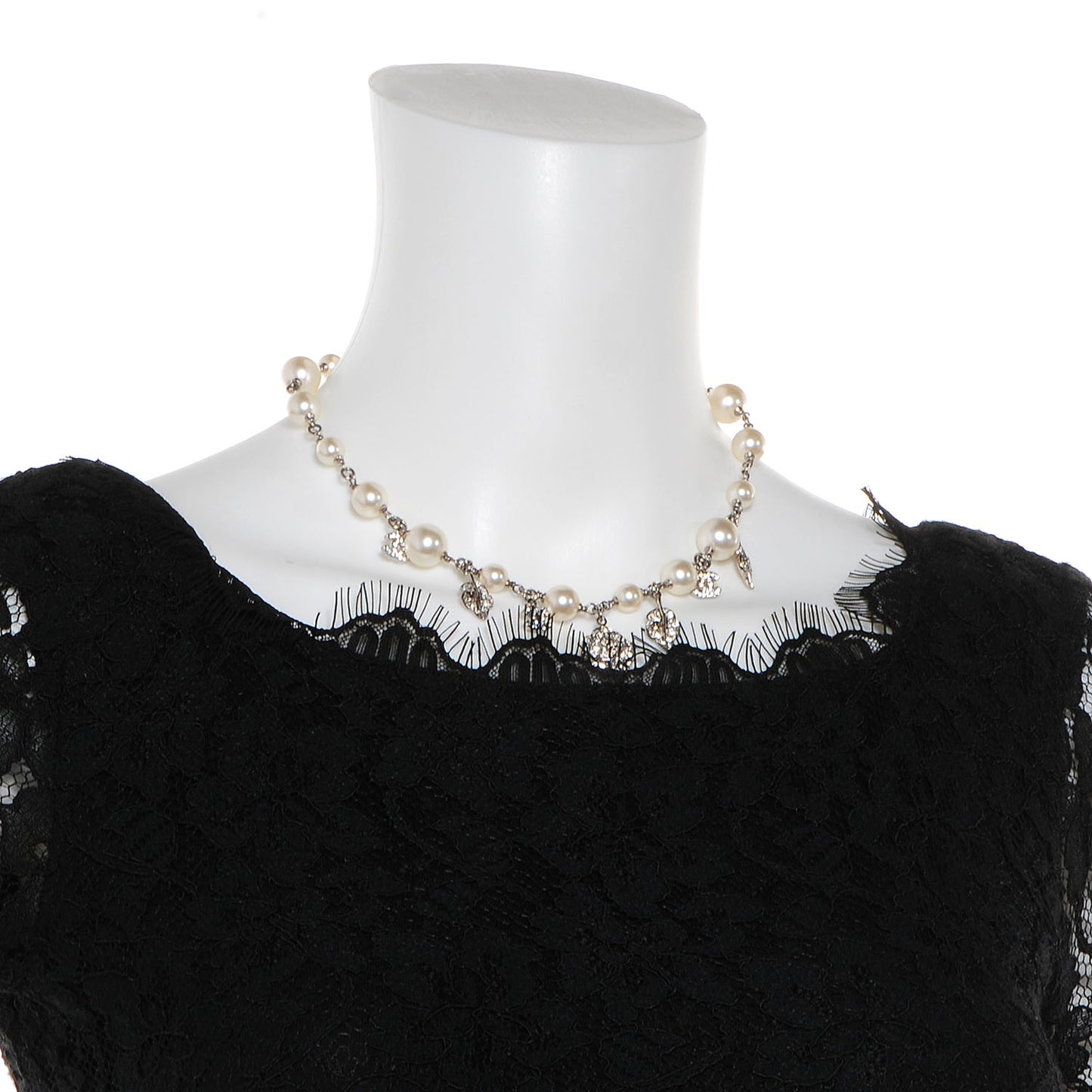 Crystal Pearl CC Camellia Charm Necklace Silver