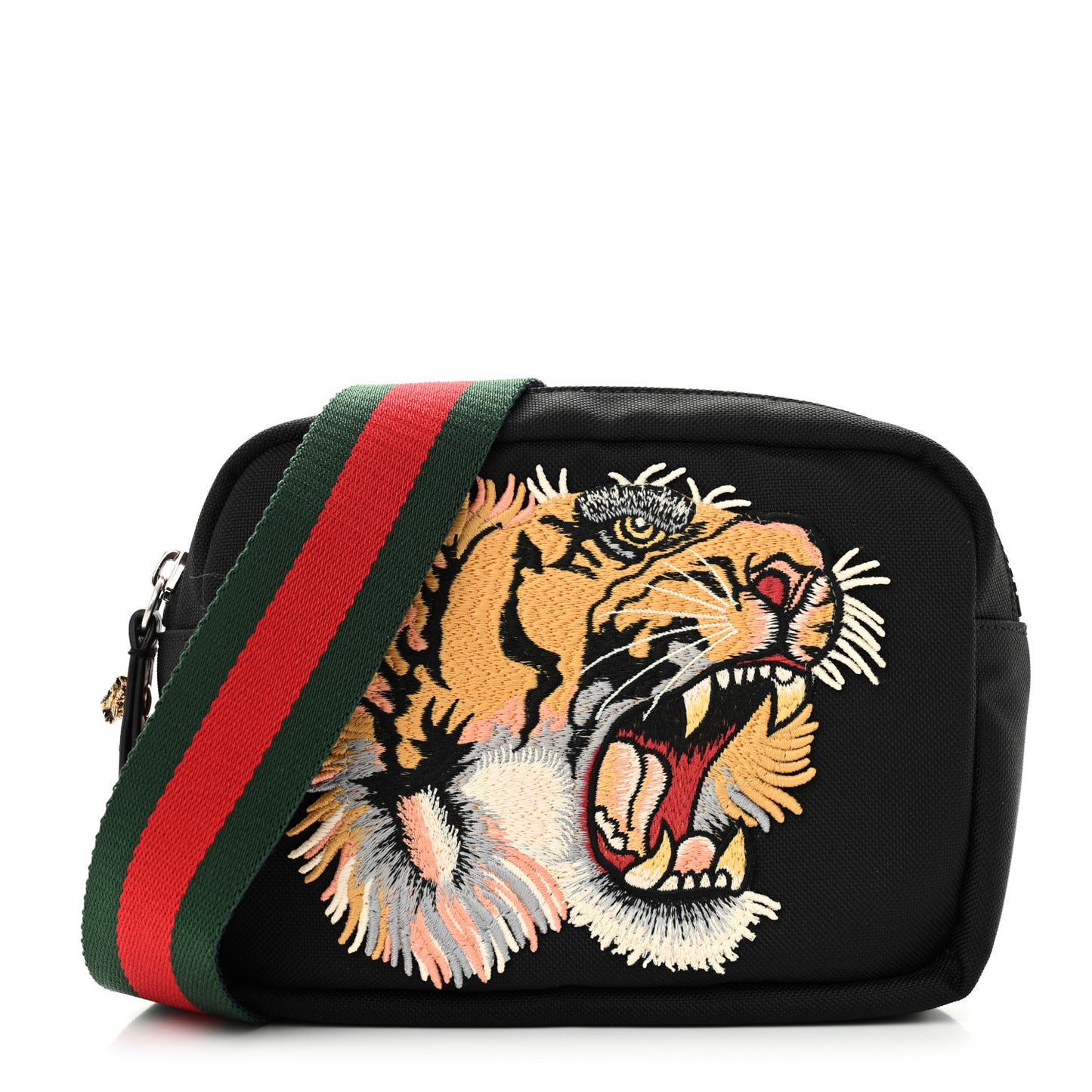 Canvas Web Tiger Embroidered Messenger Bag Black