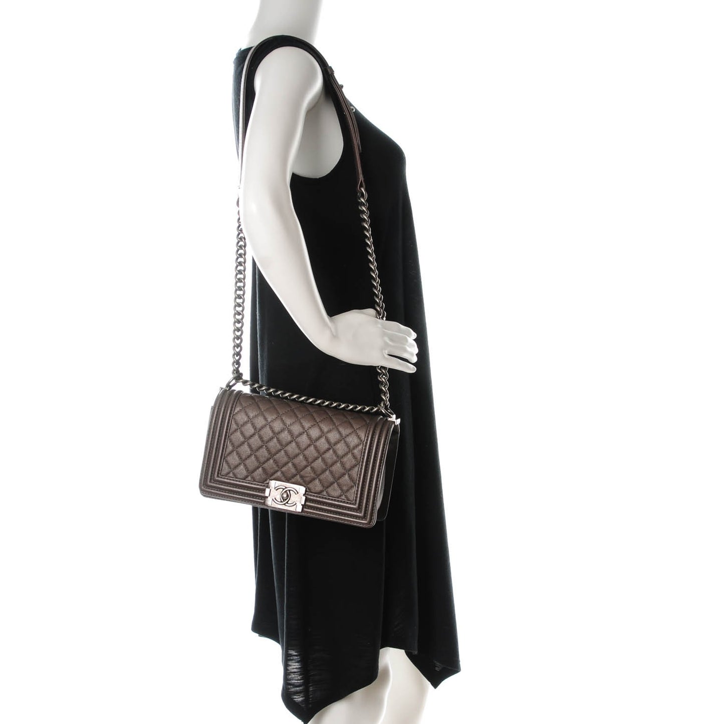 Metallic Calfskin Quilted Medium Boy Flap Dark Silver