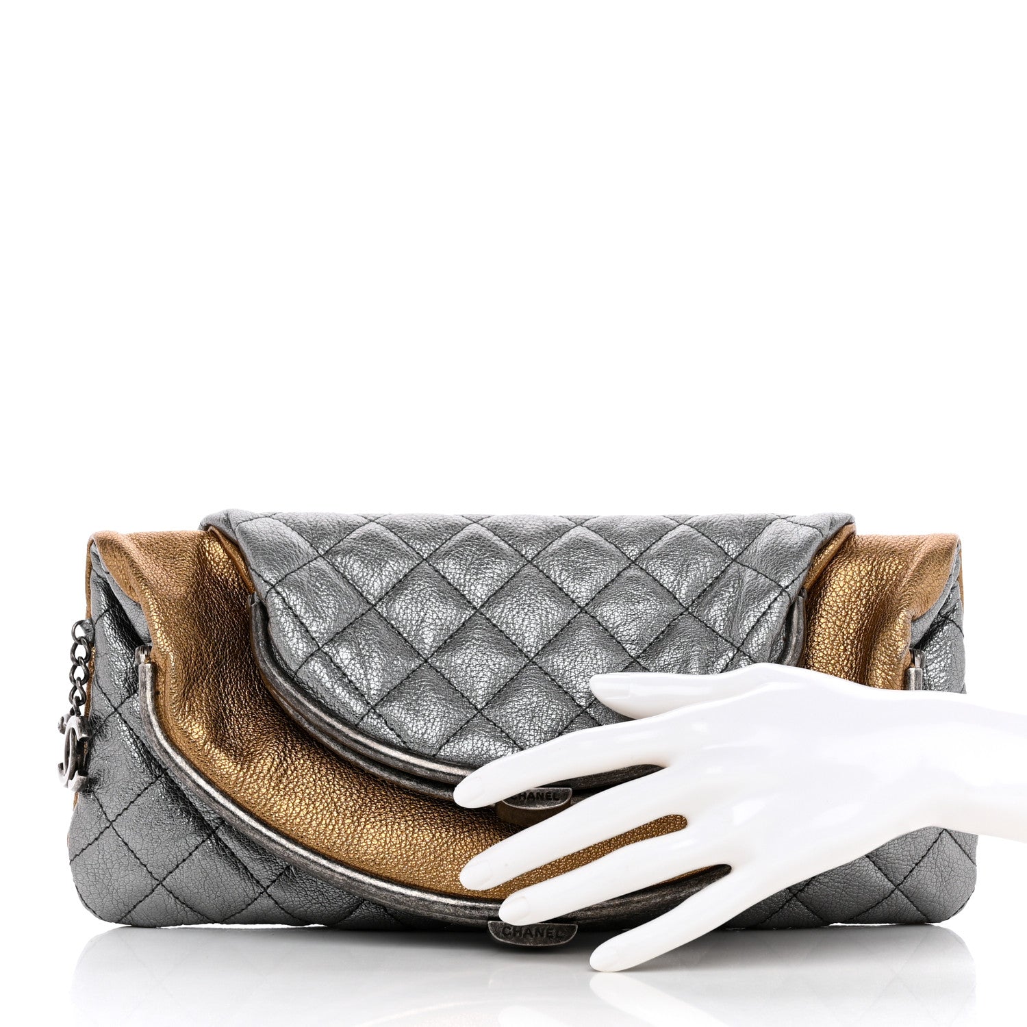 Chanel Metallic Goatskin Quilted Frame Clasp Flap Clutch Silver Gold 2 of 9