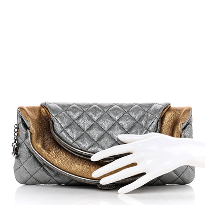 Chanel Metallic Goatskin Quilted Frame Clasp Flap Clutch Silver Gold 2 of 9